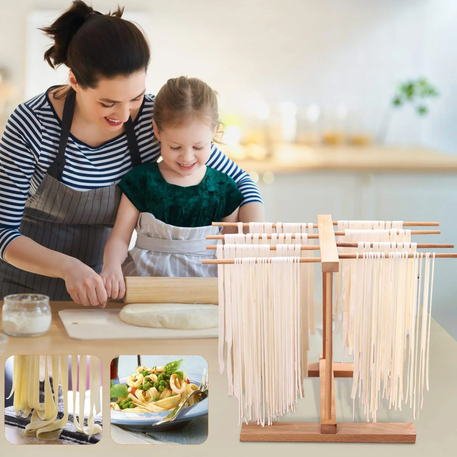 DIYARTS Plegable Soporte Secador Pasta, 8 Hileras de Madera de Haya Secadoras de Espaguetis Pasta Fideos Secado Soporte para Colgar