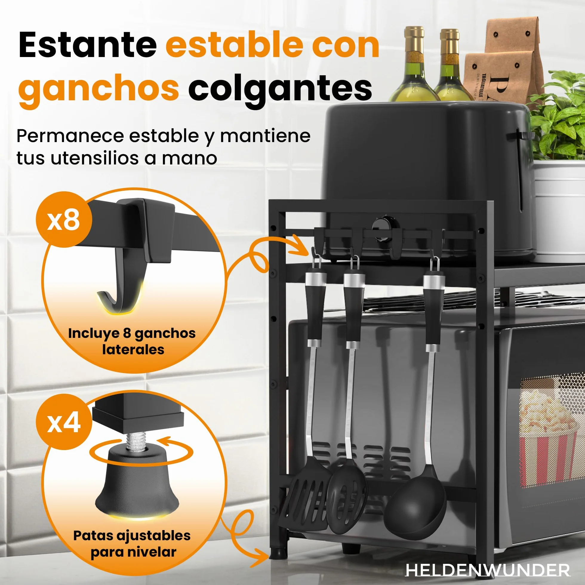 Heldenwunder Estantería Microondas Estantes Cocina Acero (2 Niveles) | Mueble Microondas Horno Estanterias Almacenaje Organizador Estante Panadería Ajustable + Instrucciones en Vídeo, Ganchos – Negro