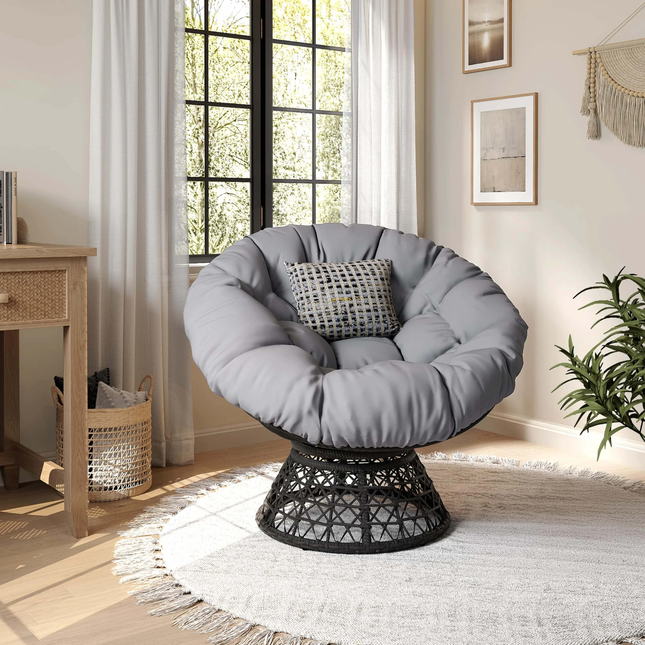 Yaheetech Sillón Papasan Giratorio 360°con Cojín Grueso de un Diámetro 100 cm, Hecho de Ratán Resistente y Adecuado para el salón, Dormitorio y Terraza (Gris)