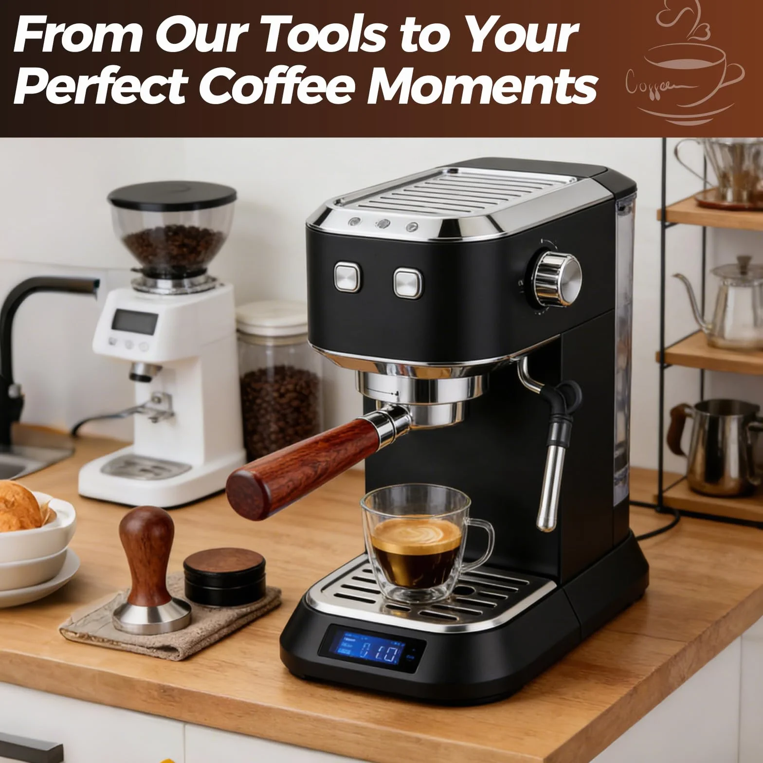 Portafiltro sin Fondo de 51 mm con 3 Orejas, Compatible con DeLonghi Dedica EC680/EC685/EC885, Portafiltros Cafe 51mm con Mango de Madera de Nogal y 2 Cestas de Filtro de Acero Inoxidable