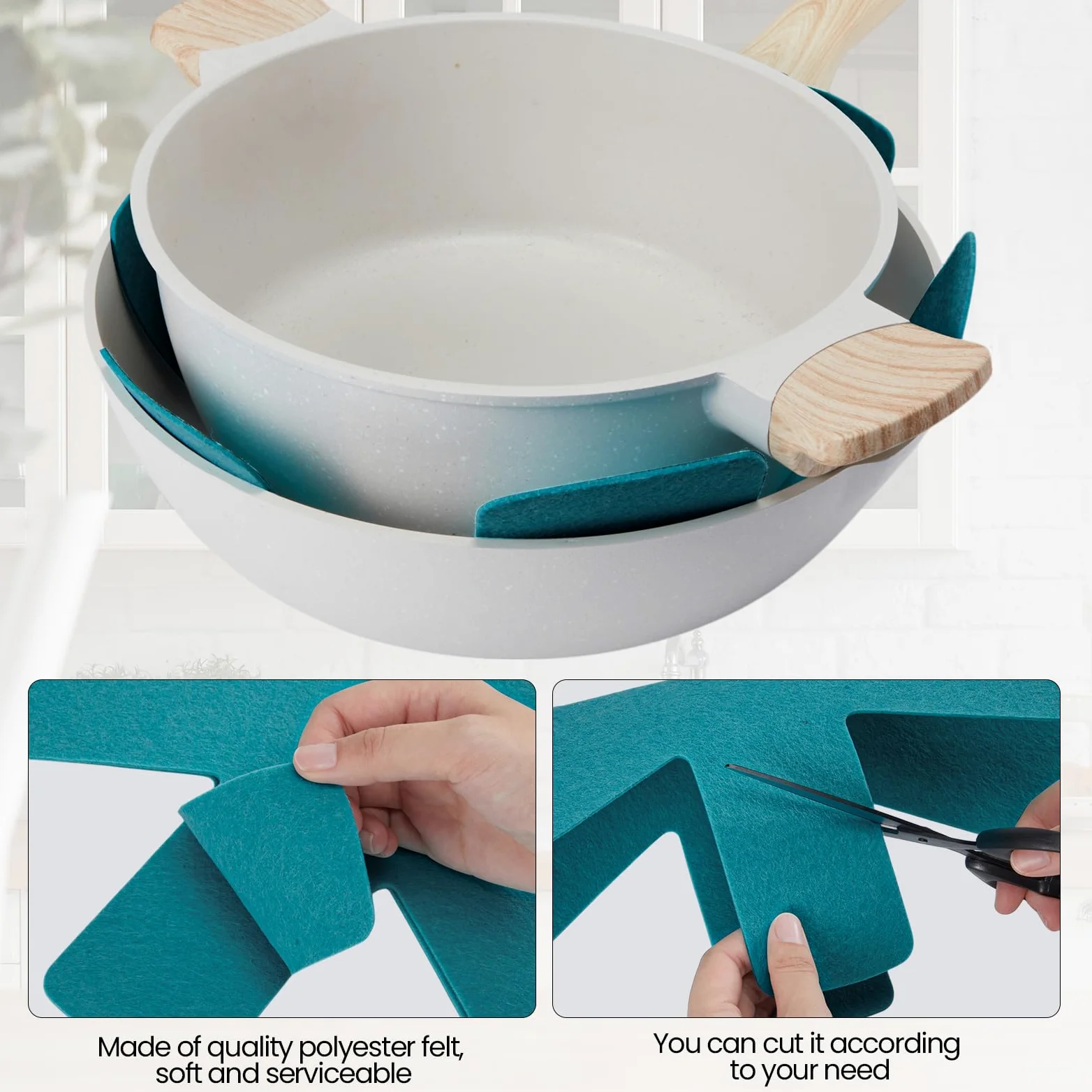 40 protectores de ollas y sartenes, 5 tamaños diferentes, protectores de utensilios de cocina, separadores de ollas, almohadillas separadoras apilables para proteger y separar sartenes (azul lago