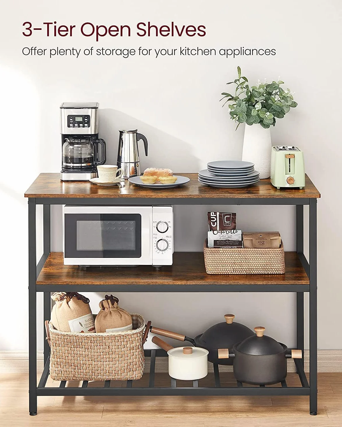 GarveeHome - Isla de Cocina con Gran encimera de 3 Niveles, 105 x 40 x 90 cm, Estante de 3 Niveles de Acero Resistente con Bandeja Grande, Montaje rápido para Sala de Estar, Oficina y Cocina