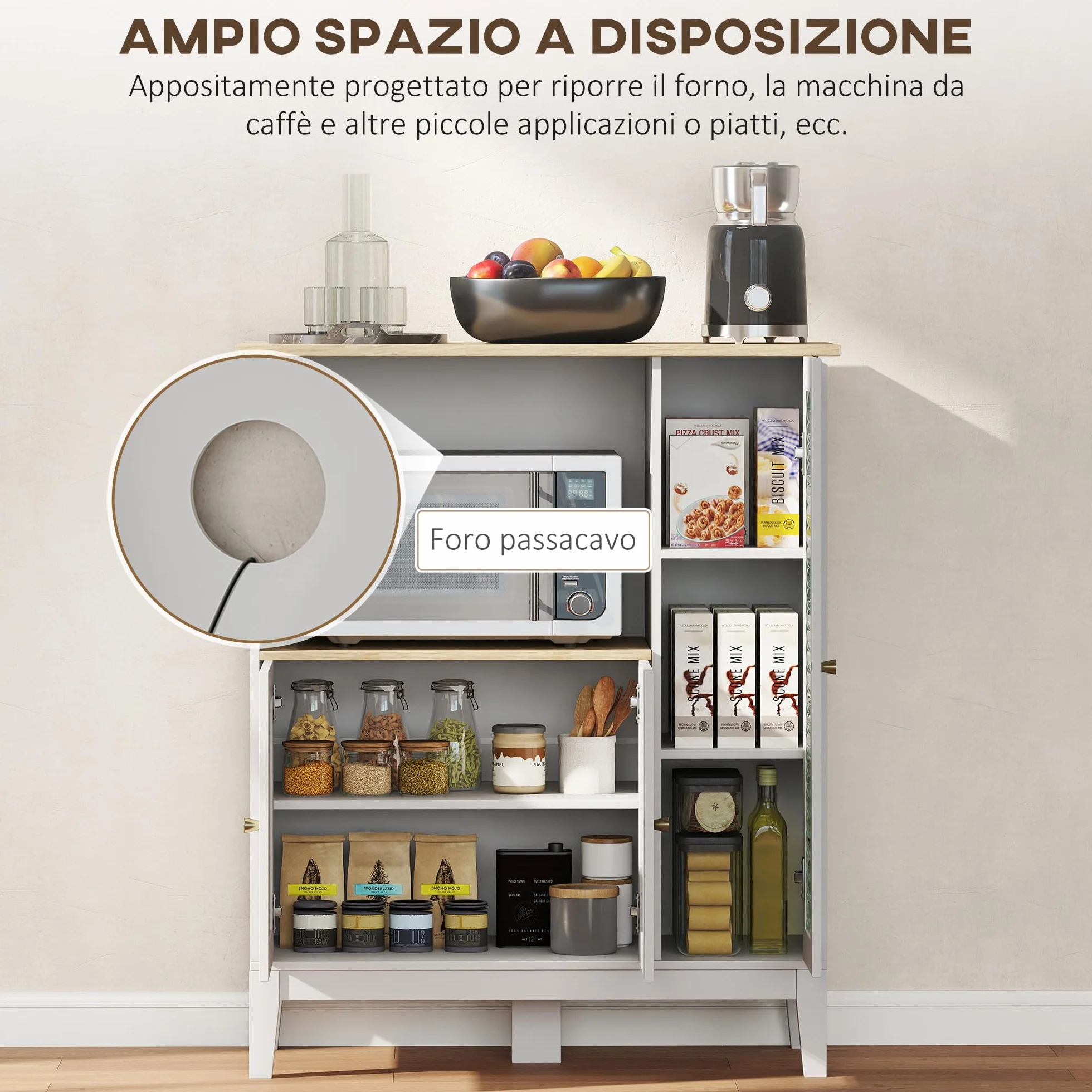 HOMCOM Mueble Auxiliar de Cocina Moderno Mueble para Microondas Aparador de Cocina con Estantes 3 Puertas Compartimiento Abierto y Sistema Anti-vuelco para Comedor 80x35x97 cm Blanco