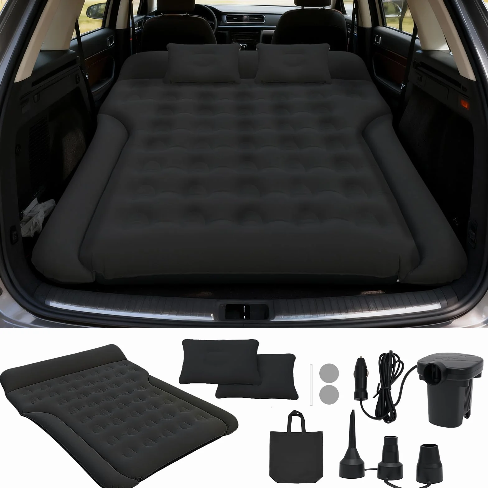 Colchón para Coche de Aire Plegable Asiento Trasero para Viajes y Camping Negro