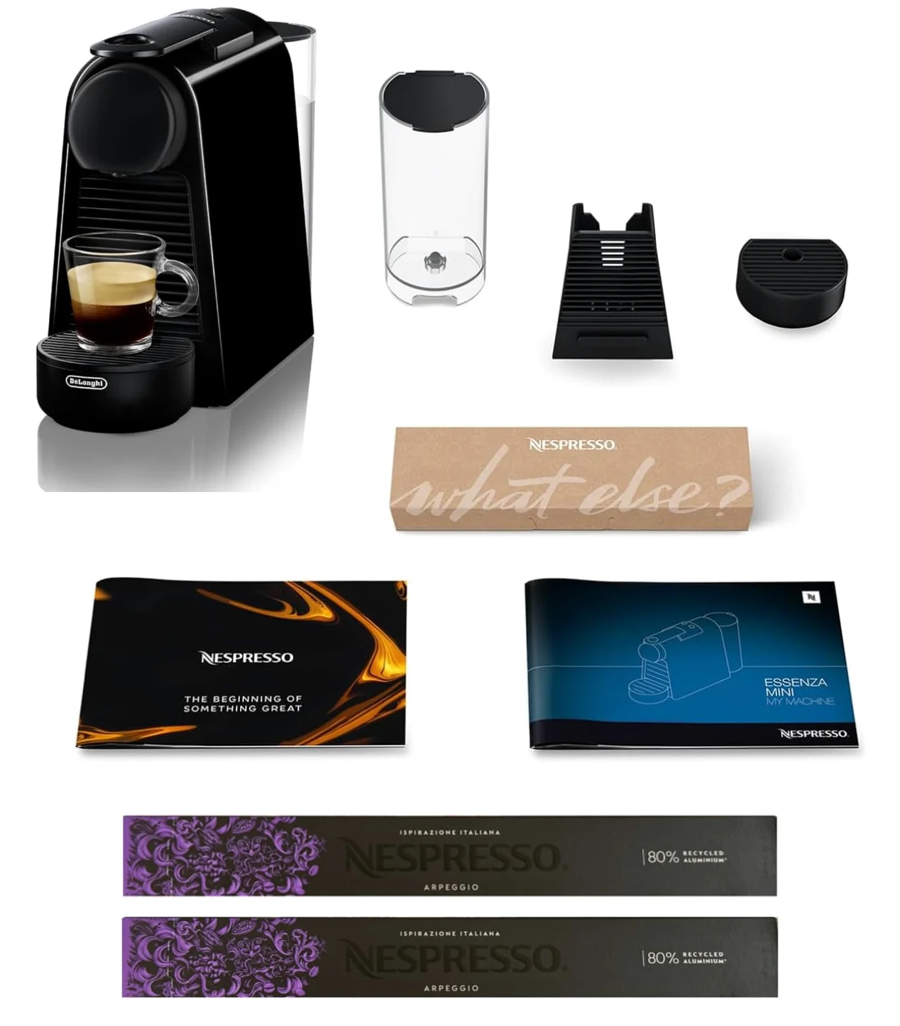 Nespresso Essenza Mini EN85.B, Cafetera De'Longhi, Sistema Cápsula Original, Depósito de agua 0,6L, Negro con 20 Cápsulas Original Florencia Arpeggio