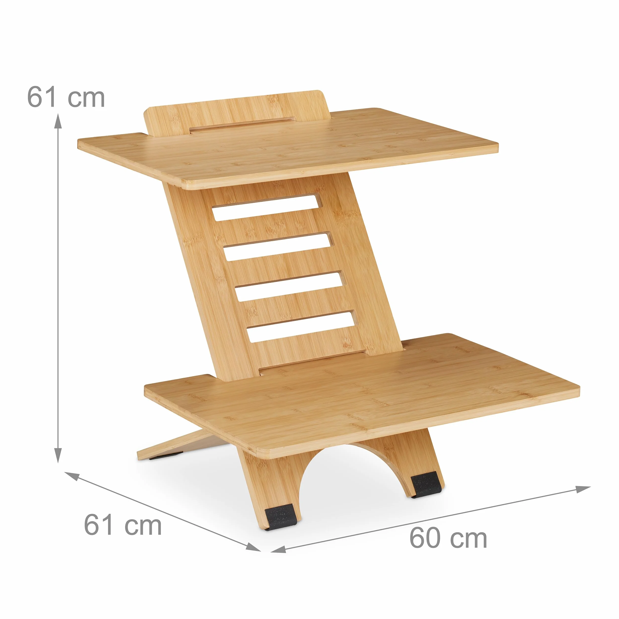 Relaxdays Soporte Ordenador de Pie, Altura Regulable, 2 Baldas, Bambú, Accesorio para Escritorios, Oficina, Natural, 61 x 60 x 61 cm