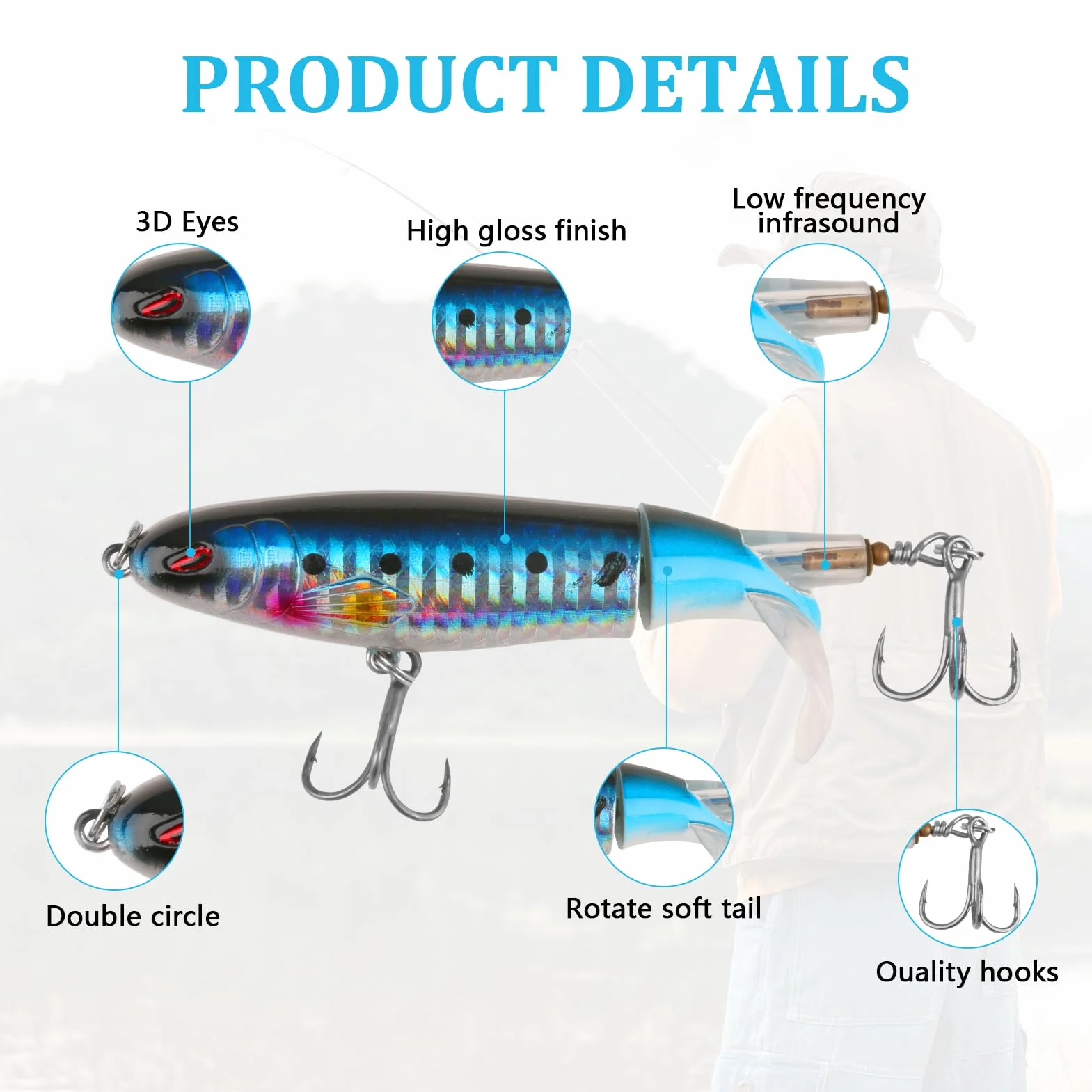 3 señuelos de pesca Topwater con anzuelos Pencil – Señuelos para bass, catfish, pike y perch – Señuelo flotante de agua salada o dulce con hélice de cola