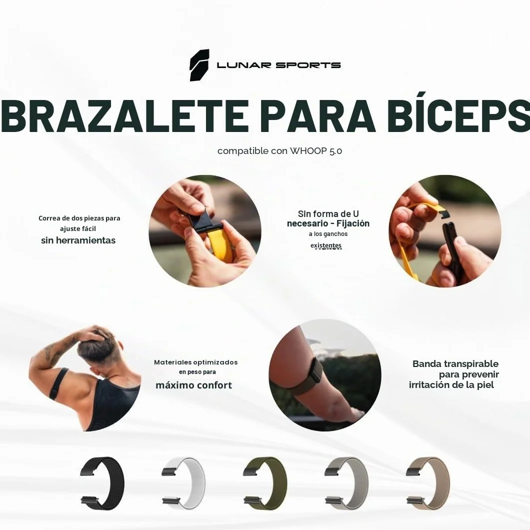 Lunar Straps Cinta para bíceps compatible con WHOOP 5.0, banda deportiva transpirable, negro