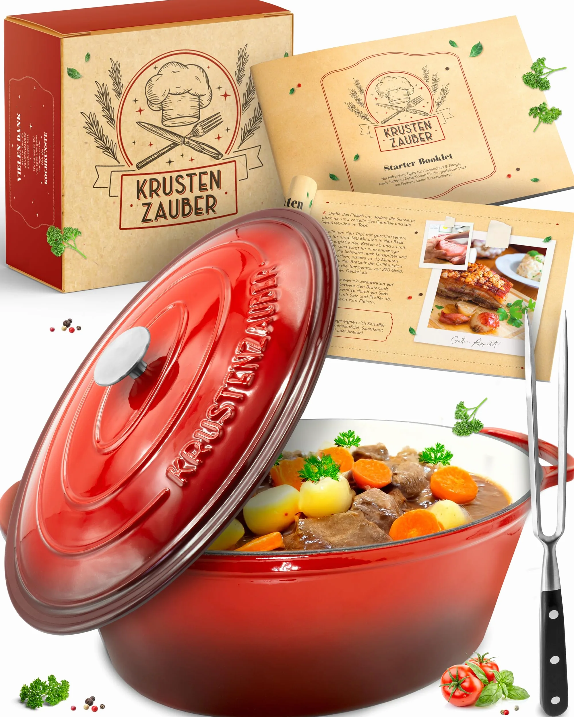 KRUSTENZAUBER Cacerola de hierro fundido con tapa, 33 cm, apta para horno, incluye tenedor de carne, 6 l, esmaltado, olla XL de hierro fundido, olla ideal para cocinar Kazan, para inducción, ovalada