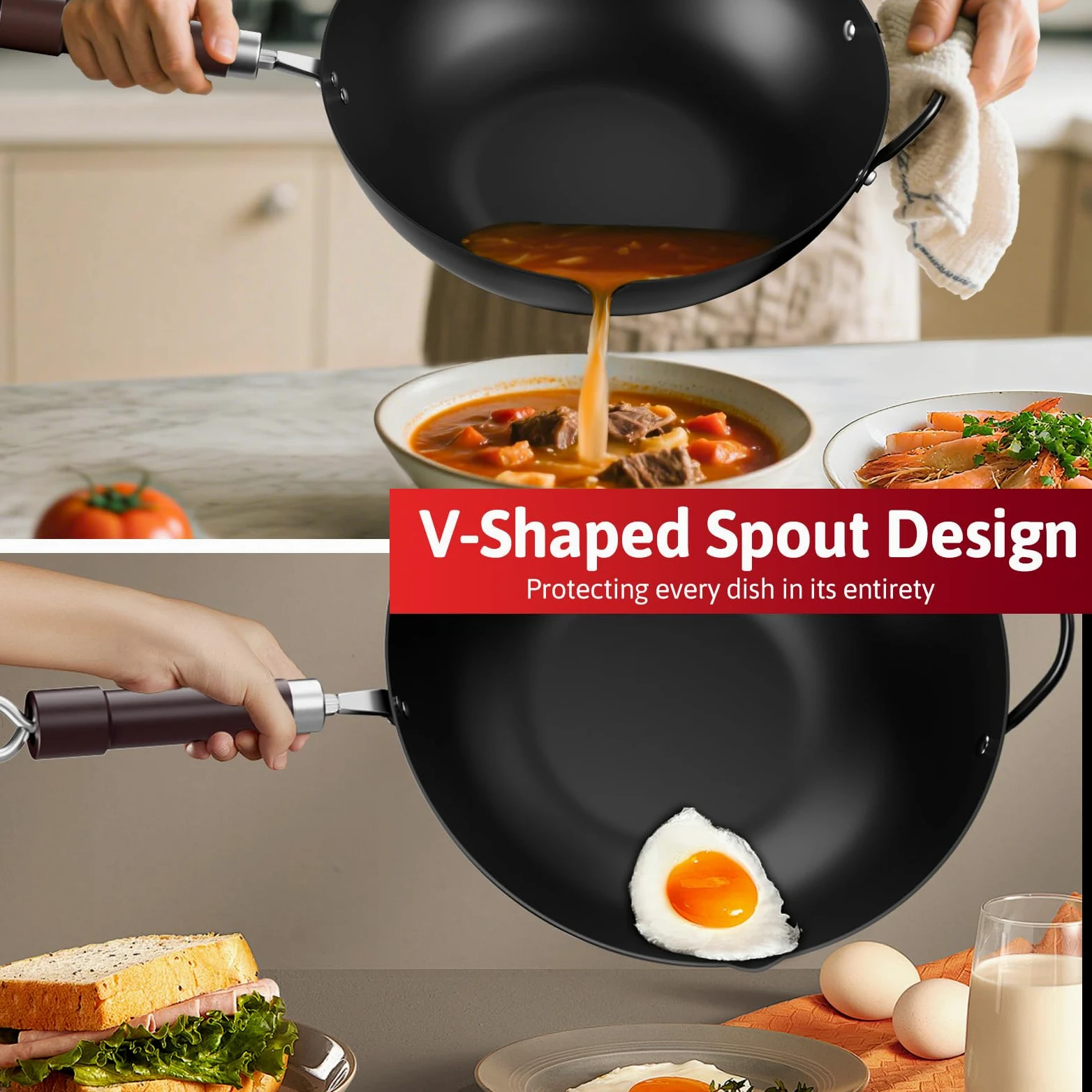 Jobin 32 cm Wok de Acero al Carbono con Tapa, Asas de Madera y Acero, Puede Cocinar Platos Asiáticos Para 3-5 Personas - Fondo Plano