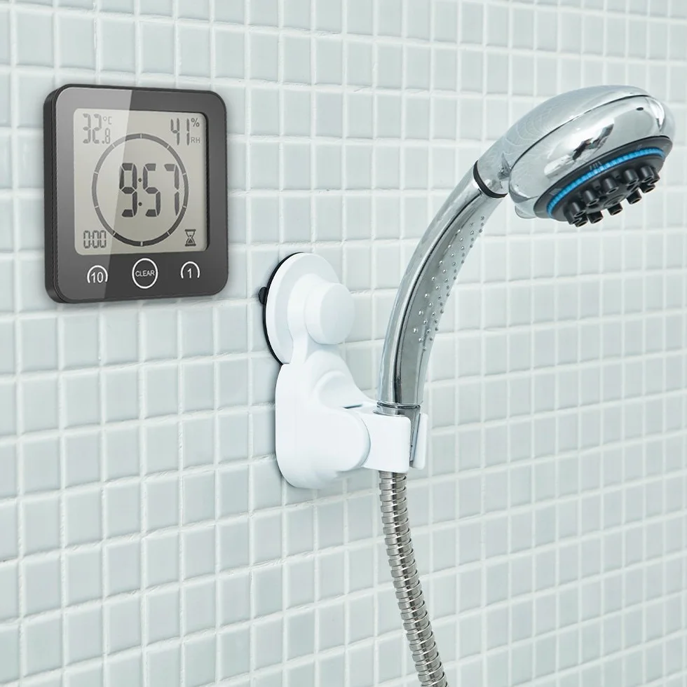 ALLOMN Reloj de Baño, LCD Reloj de Ducha Digital Alarma Impermeable Control Táctil Hum / ℉ Temperatura Humedad, Temporizador de Cuenta Regresiva, 3 Métodos de Montaje, Energía de la Batería (Negro)