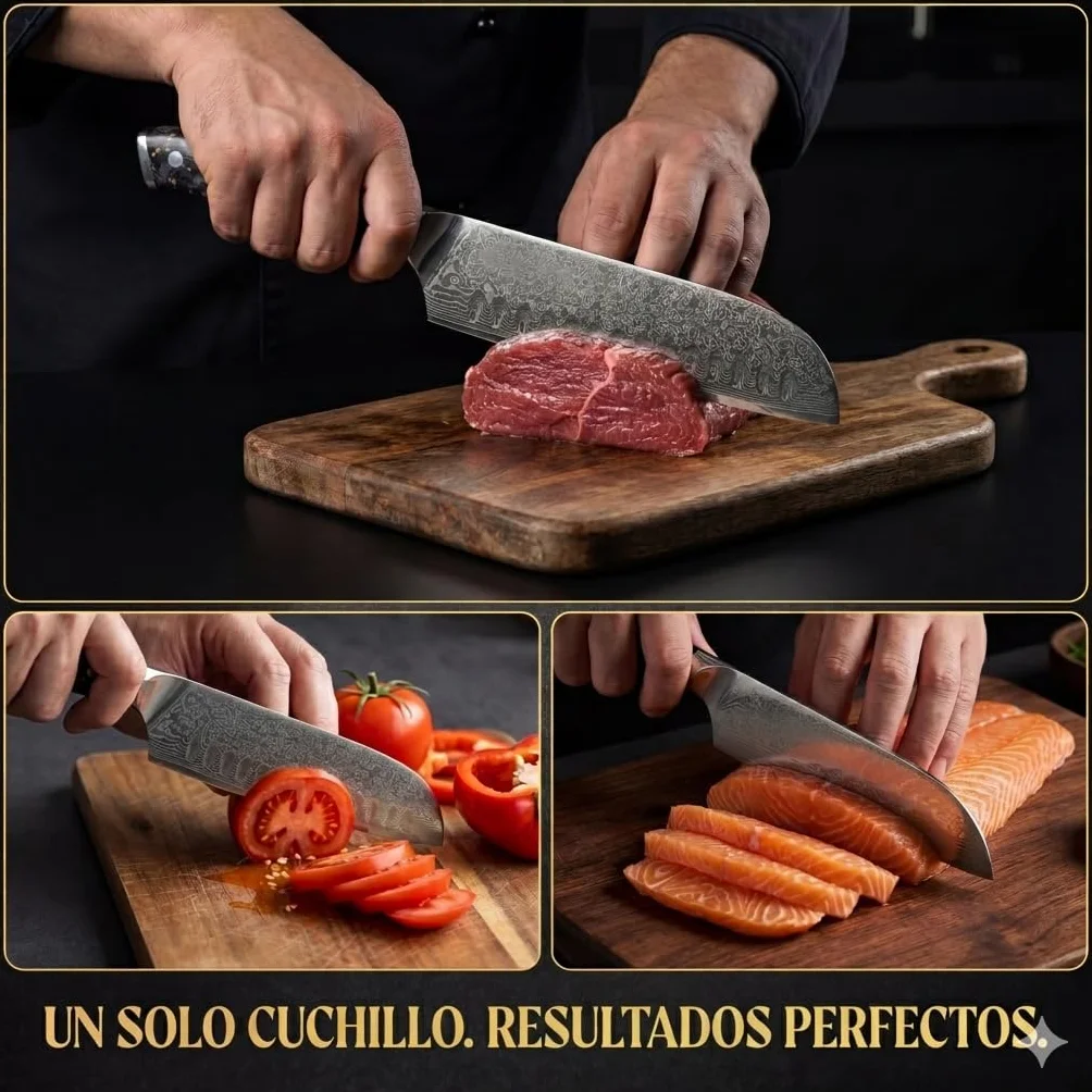 MIKORO Cuchillo Santoku Japonés de 18 cm - Acero de Damasco de 67 Capas con Alto Contenido de Carbono - Cuchillo de Cocina Profesional Ultra Afilado - Mango Ergonómico - Para Carne, Pescado y Verduras