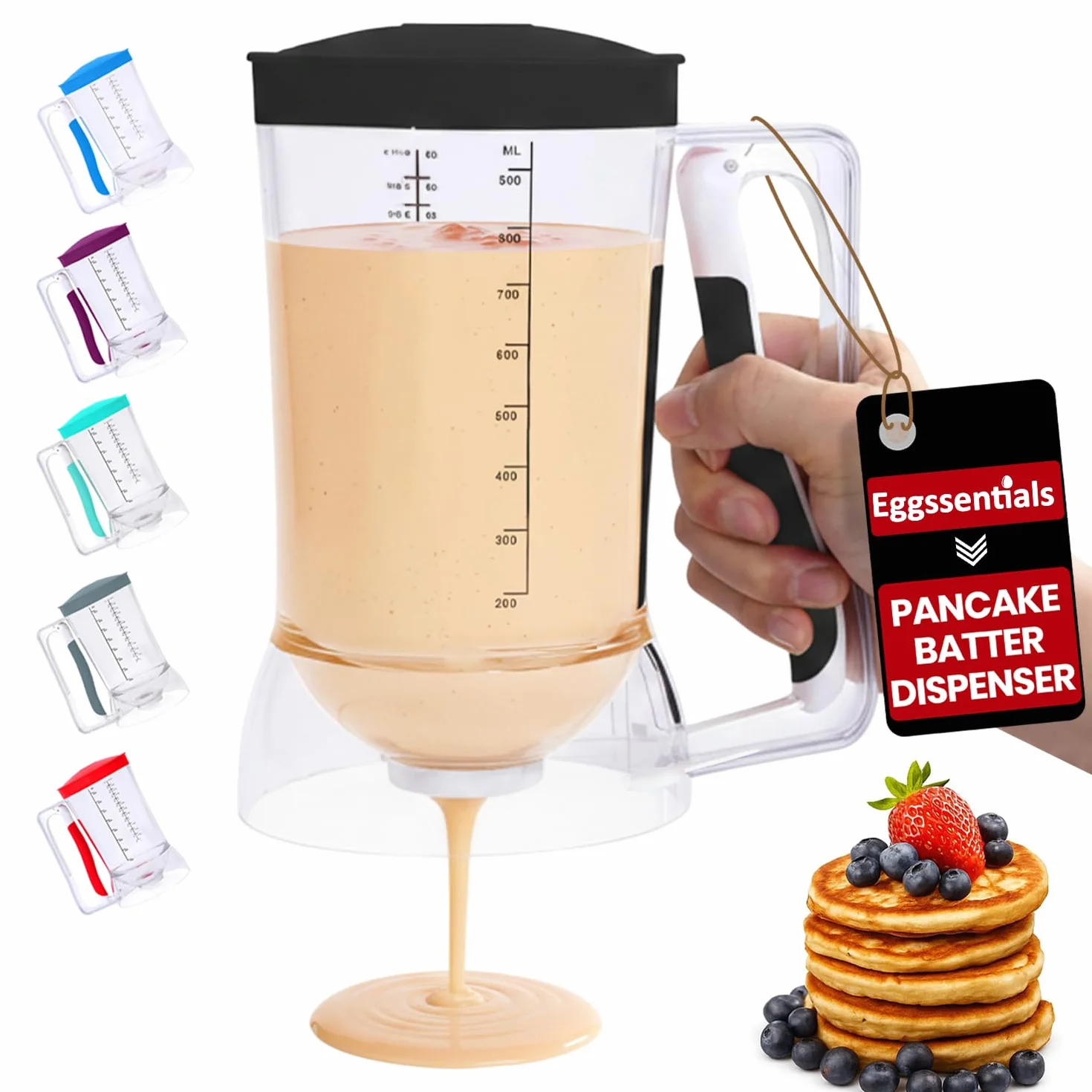 Eggssentials – Dispensador de masa con mango para apretar sin desorden, dispensador de masa para panqueques, cupcakes, gofres y más – Botella dispensadora de panqueques duradera y fácil de verter para