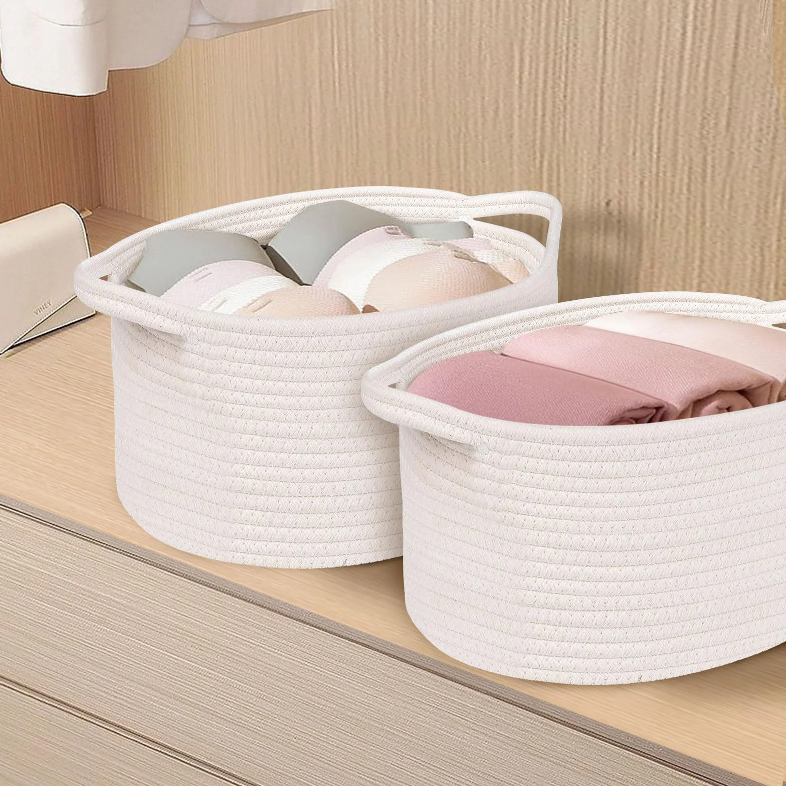 OUTBROS Cestas Almacenaje Tejida Cuerda Algodón Mango Almacenamiento Baño Dormitorio Armario Blanco