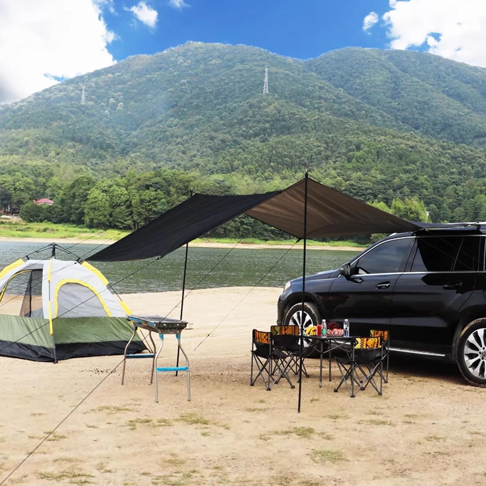 Toldo universal impermeable para coche 200-300 cm protección UV+50 con barras y refuerzos