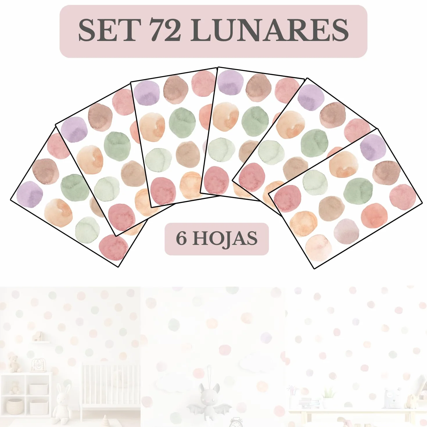 Pegatinas Infantiles Decorativas de Vinilo Adhesivo para Pared - Set de 72 Lunares Acuarela Multicolor para Habitación de Bebé