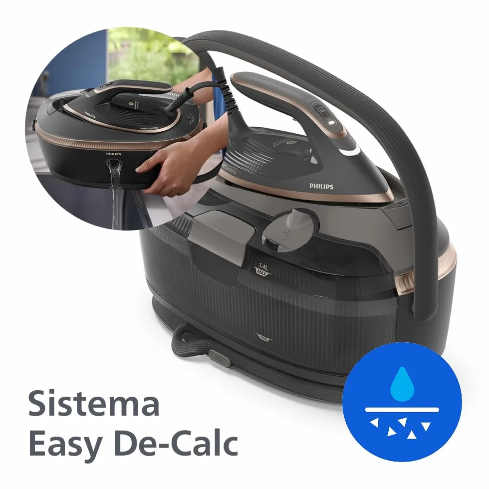 Philips PerfectCare Serie 8000 Centro de Planchado - 215g de Golpe de Vapor, Fácil de Transportar y Guardar, OptimalTEMP, SteamGlide Elite, 1,4L, Easy De-Calc, Sin Quemaduras Garantizado (PSG8200/80)