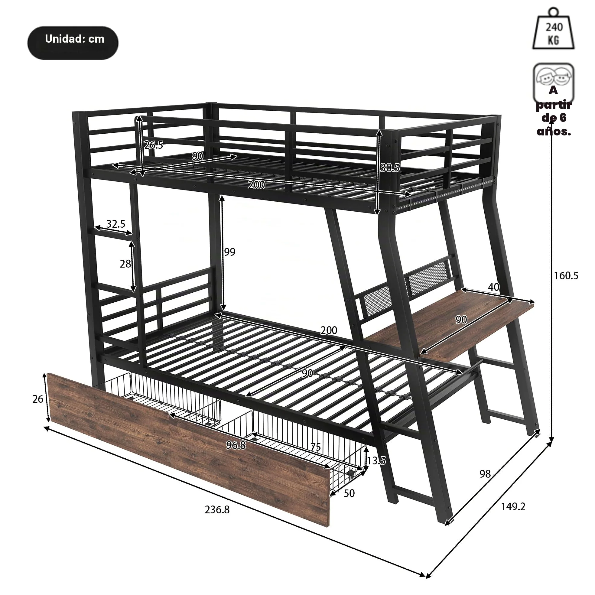 Dolamaní Cama Alta, 90 x 200 cm, de metal, con escritorio y cajones, litera, 2 personas, para adultos/niños, escalera segura, sin colchón (negro)