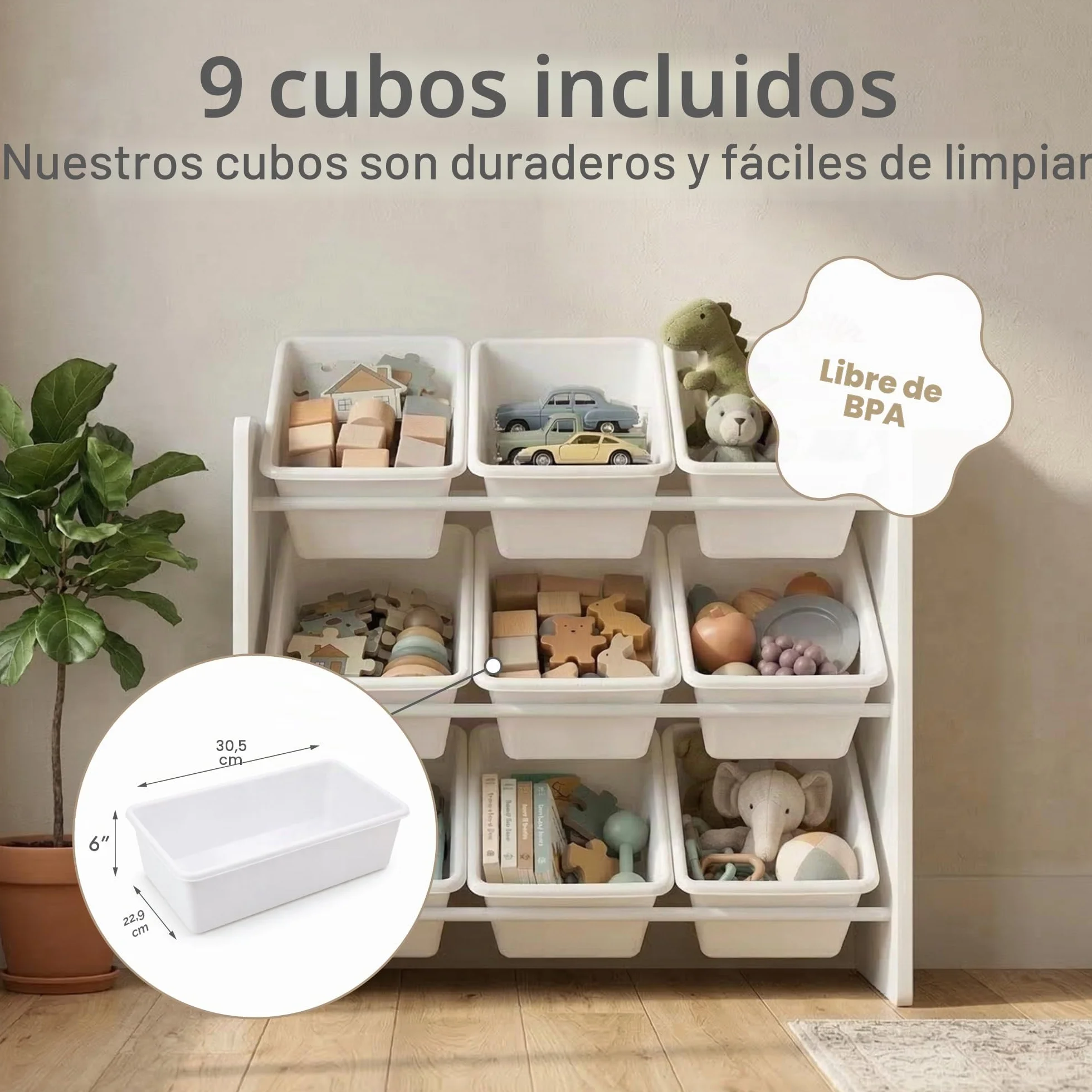 Humble Crew Organizador Infantil Gris/Blanco: 9 Cajas Almacenamiento, diseño Moderno, Seguro, fomenta Orden, Ideal niños, Montaje fácil, hogar