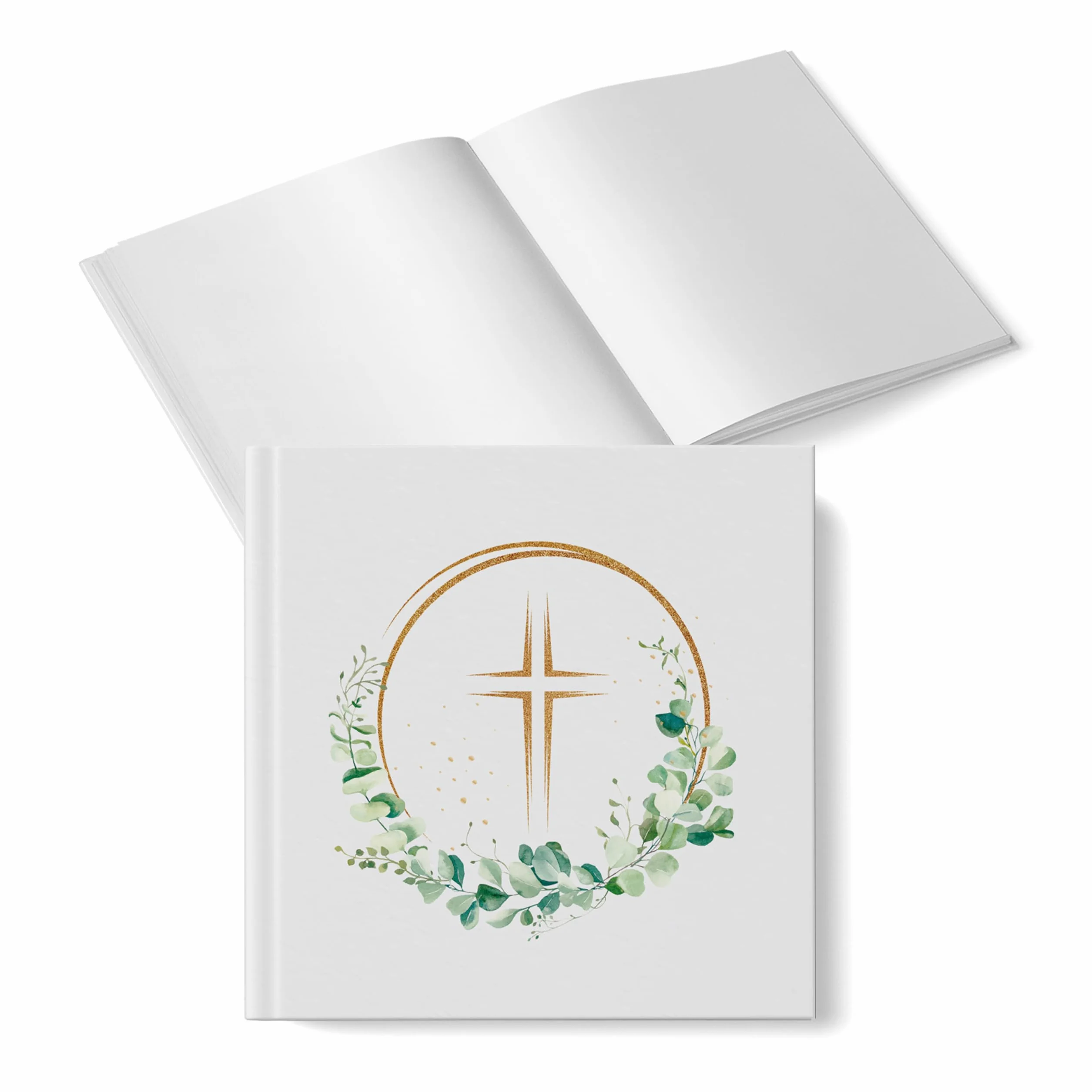 Libro de firmas con cruz dorada y corona de eucalipto: libro de visitas blanco para comunión, bautizo, confirmación y boda, 48 páginas en blanco, recuerdo con tapa dura, 15 x 15 cm