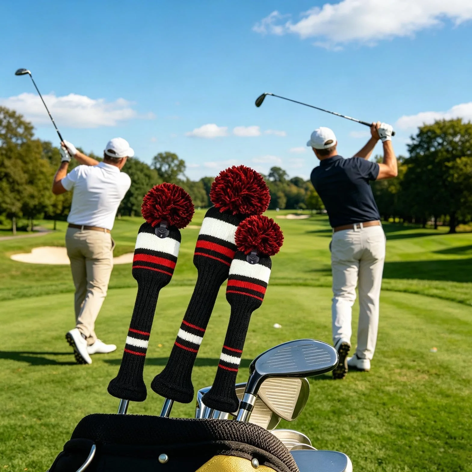 Fundas de Madera de Golf Paquete de 3, Protectora para Cabeza de Conductor Híbrido, Sombrero de Lana de Punto a Rayas, Elástico Antiarañazos, Lavable
