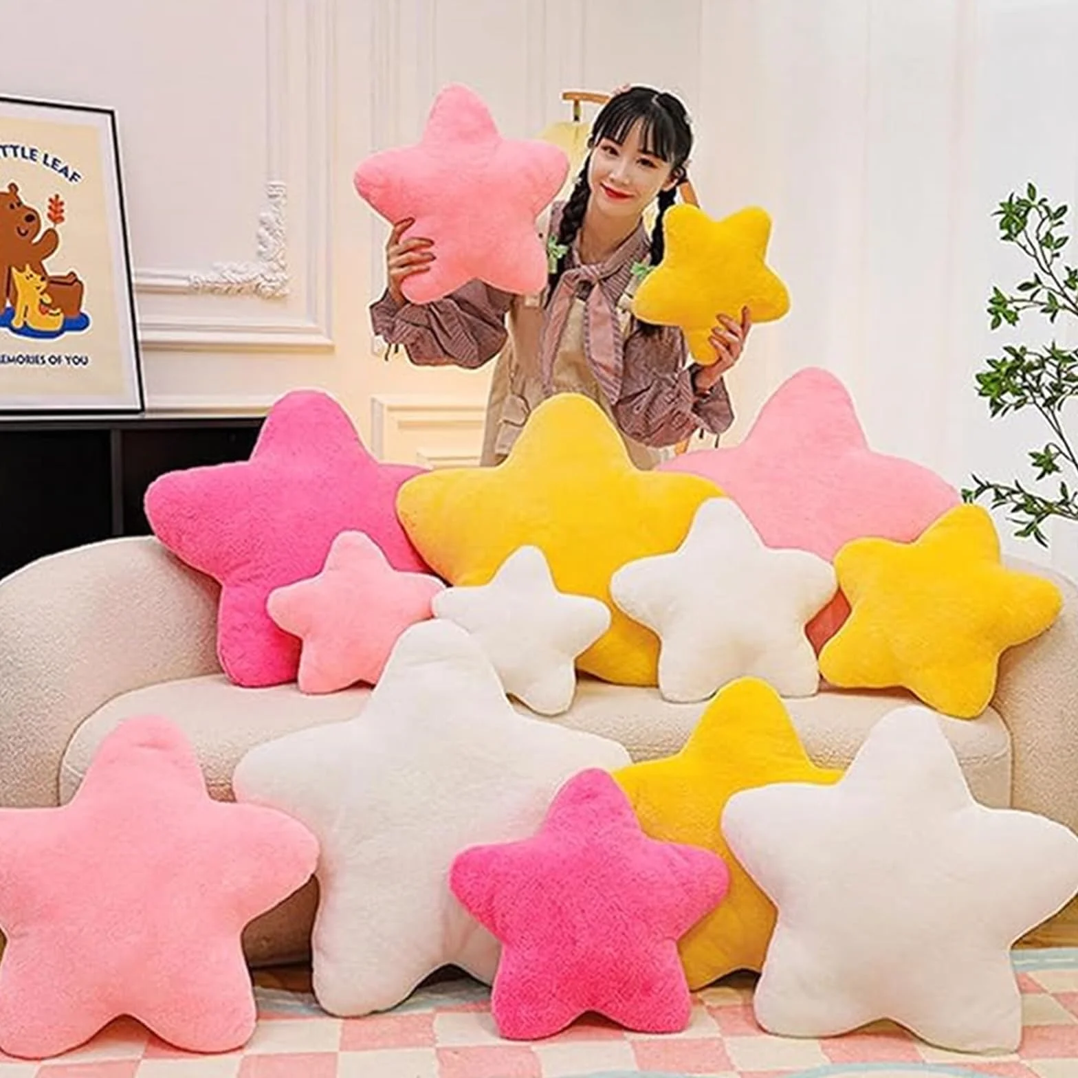 Cojín de peluche en forma de estrella para niños, suave, decorativo, 30 cm, blanco