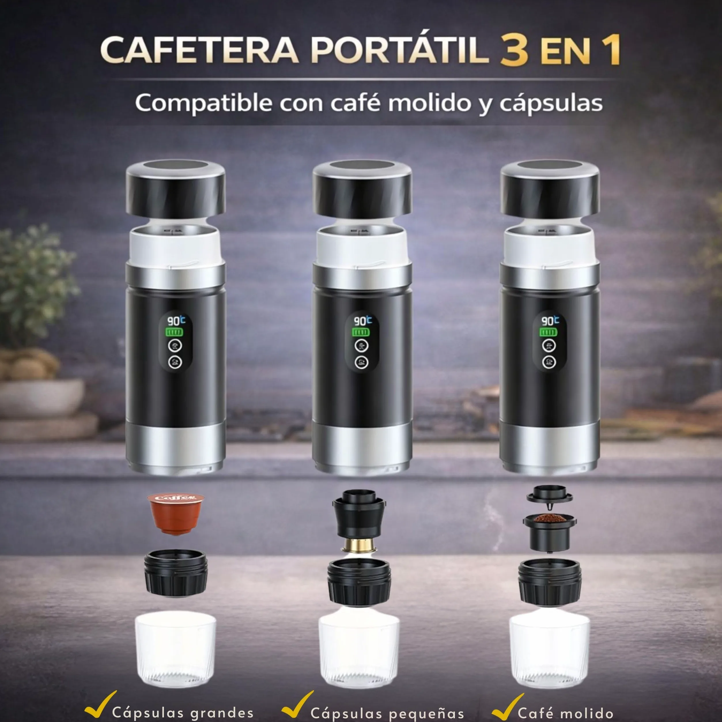 Cafetera Portatil Capsulas compatible Nespresso Dolce Gusto y Café Molido - Versión Mejorada 2026 - Coffe Machine - Maquina de Cafe Portátil Multicapsulas Universal 20 BAR Con Pantalla LED y 80ml