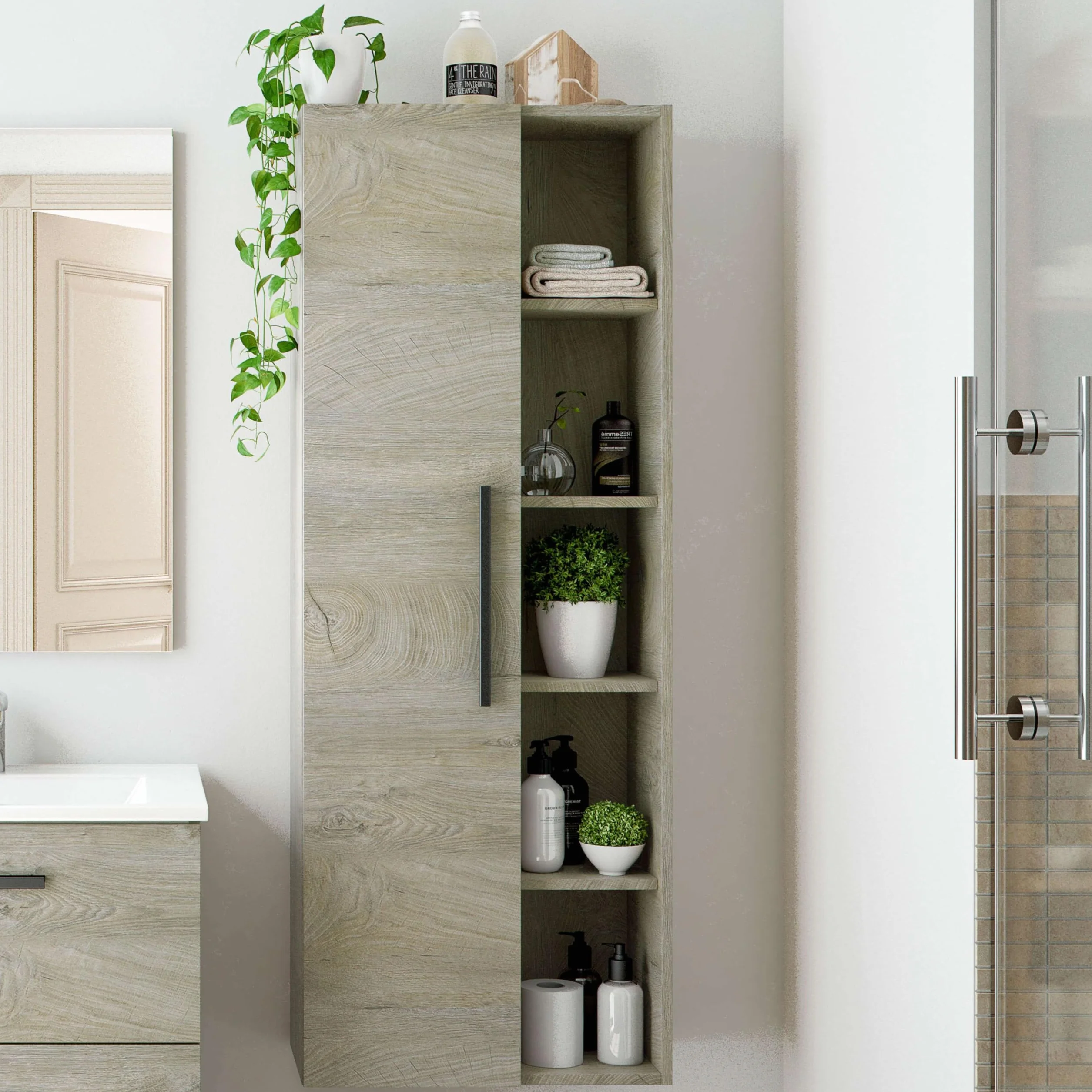 ARKITMOBEL - Columna de Baño Suspendida Grande con 1 Puerta y 7 Estantes, Armario Auxiliar para Baño, Color Roble Alaska, 135x51x25 cm - Modelo Athena