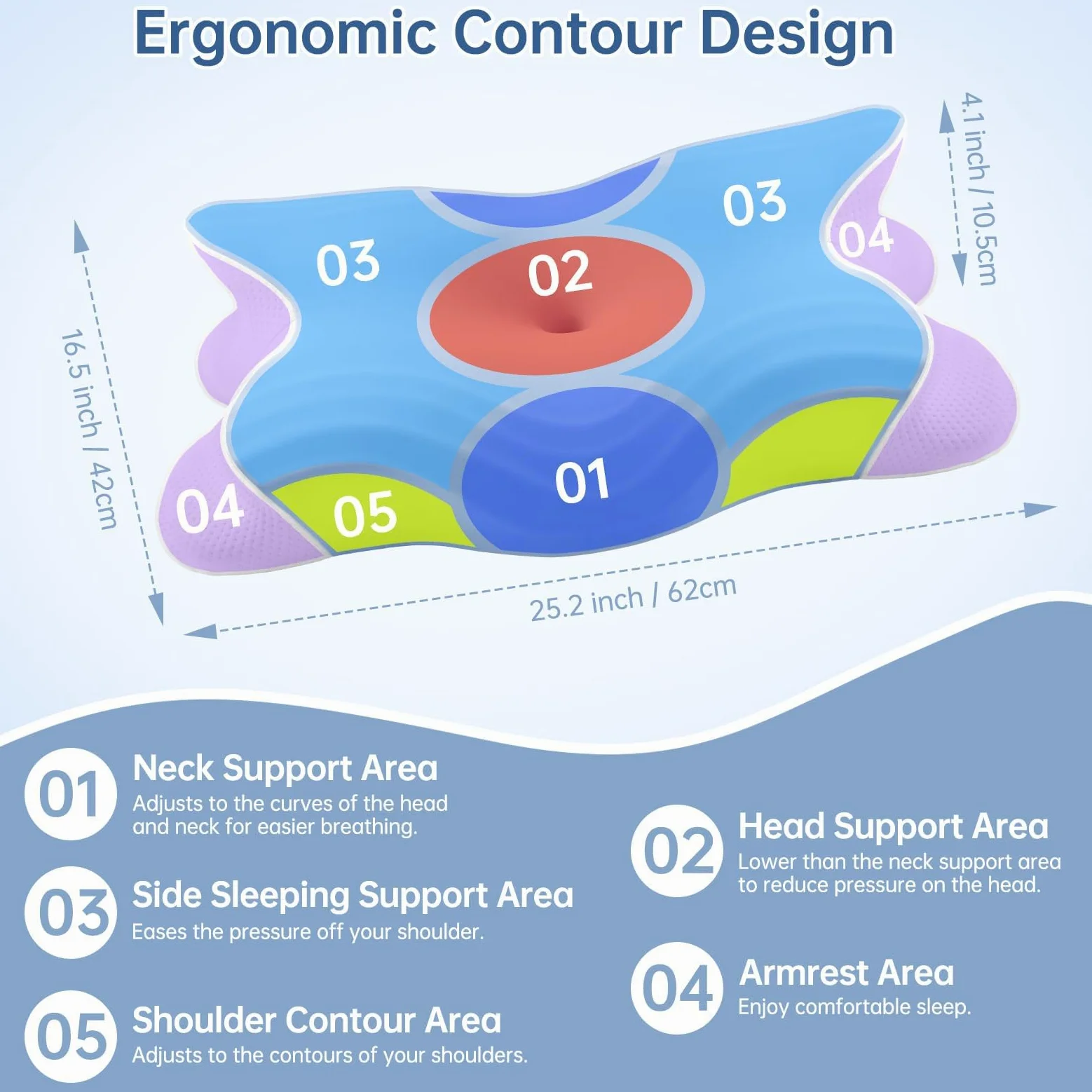Almohadas Cervicales para Dormir, Almohada Ortopédica de Memoria de Forma con Diseño Mariposa, Cojín Ergonómico para Dormir de Lado, Espalda y Boca Abajo, 62 x 42 x 10,5 cm, Azul