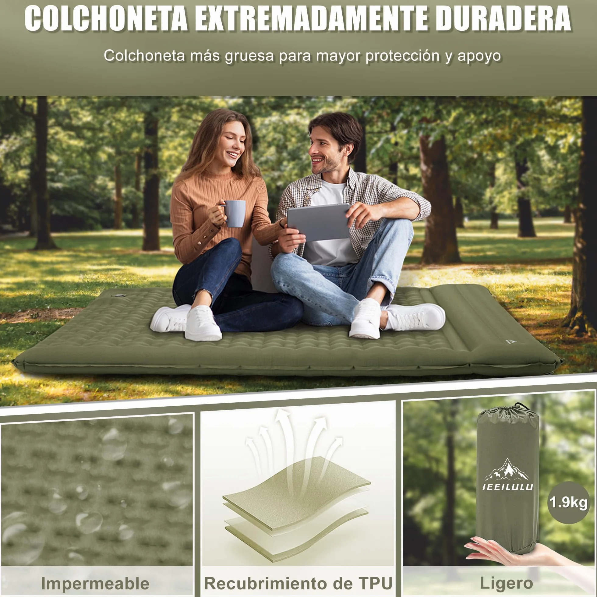 IEEILULU Colchón Camping 2 Personas 196x140cm Esterilla Ultraligero Impermeable Autoinflable