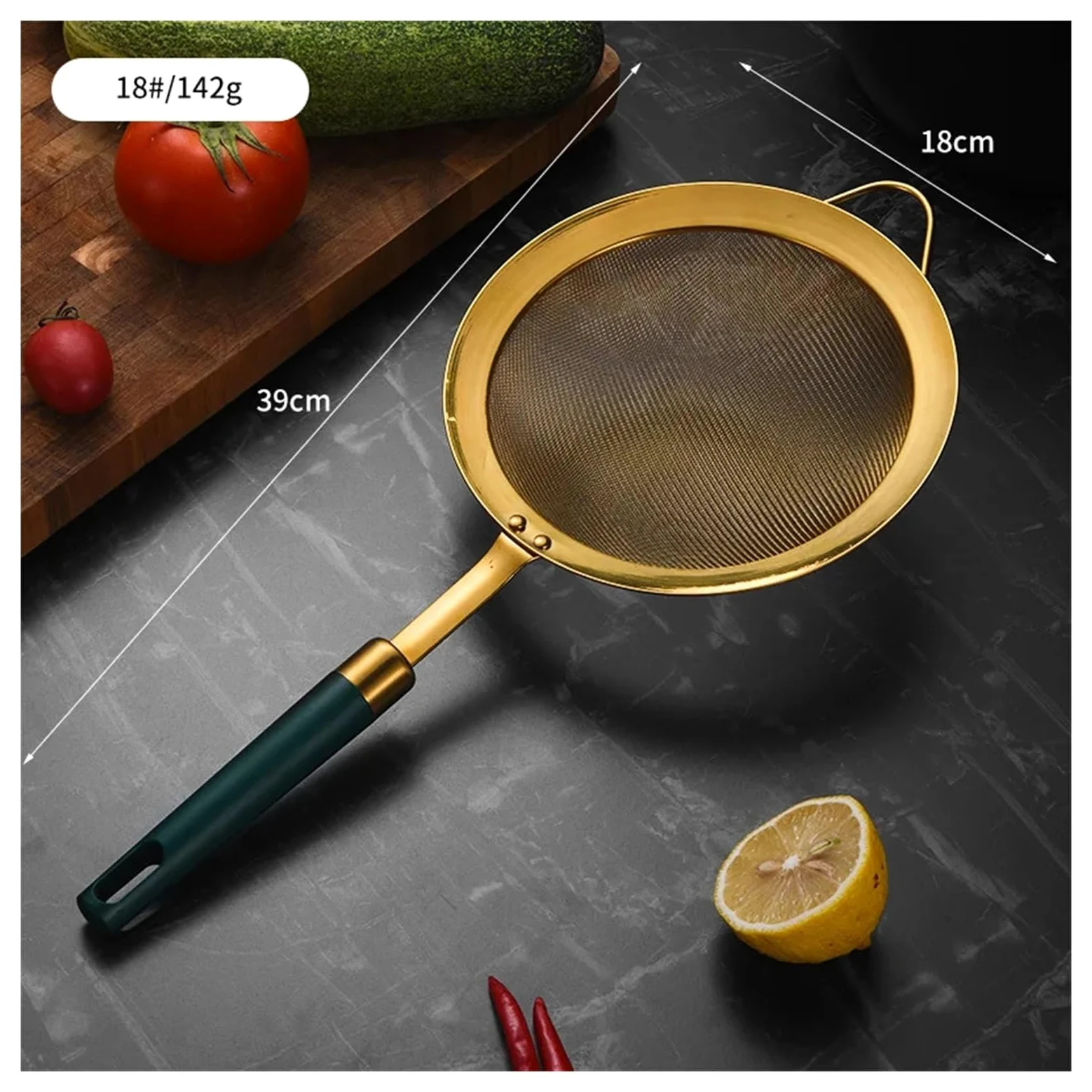 Colador Colador de malla fina de acero inoxidable 304 con mango dorado y verde, cuchara y colador, utensilios de cocina(18cm)