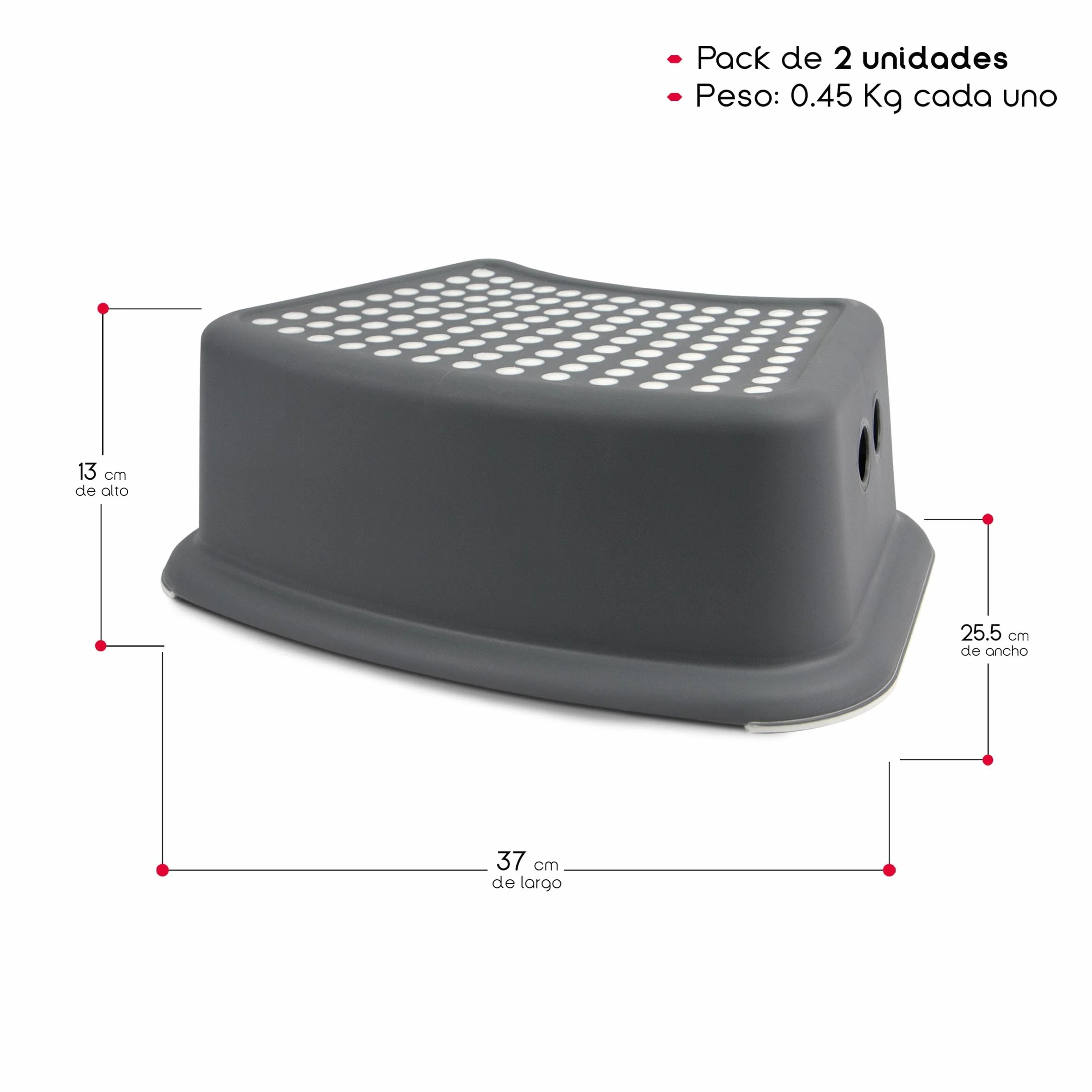 Taburete Infantil Pack de 2 Uds 150 Kg 37x25.5x13 cm PP + PTR Base Antideslizante 1 Peldaño Gris