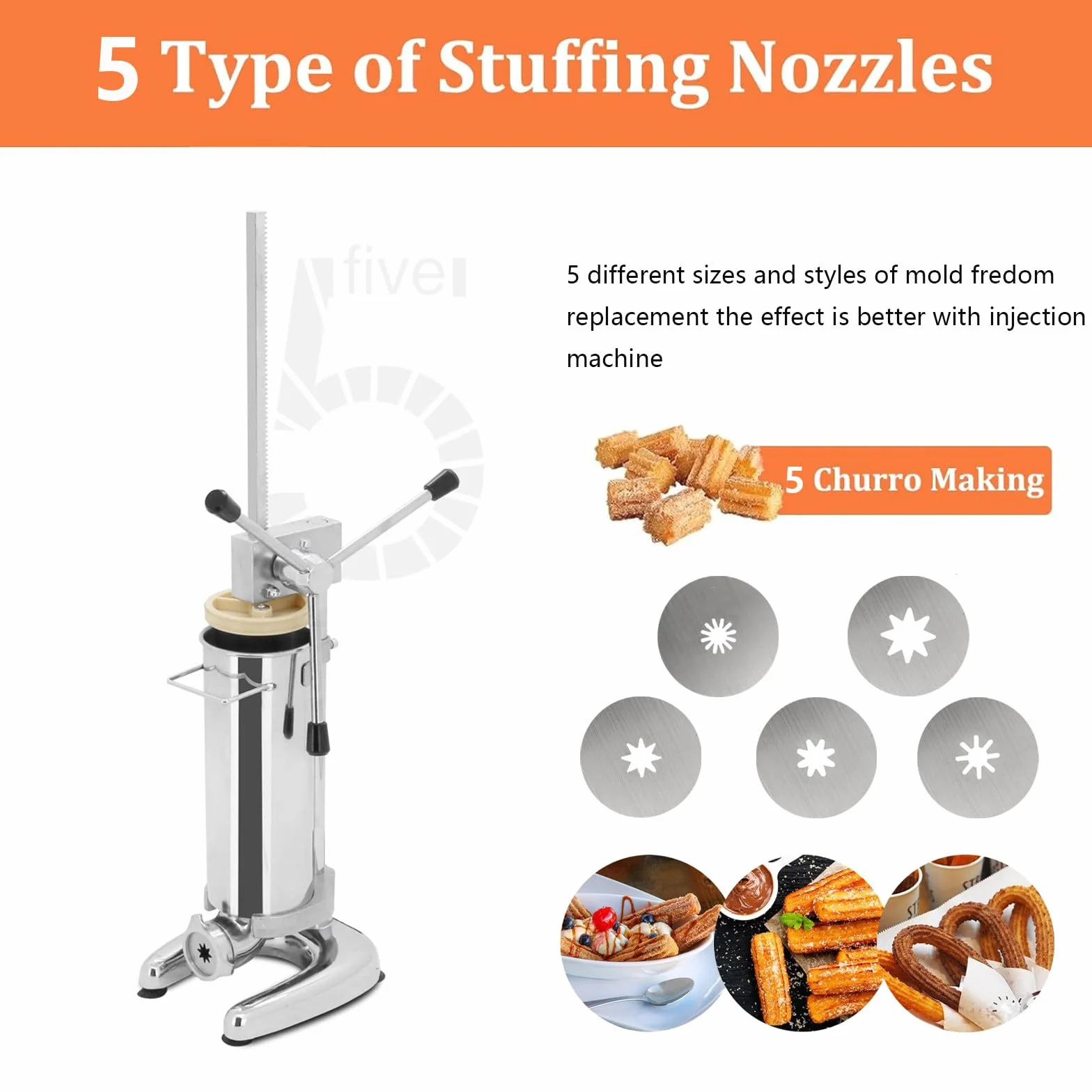MáQuina para Hacer Churros Manual Comercial, MáQuina para Hacer Rosquillas Manual, MáQuina para Hacer Churros EspañOles De Acero Inoxidable con 5 Boquillas,2L
