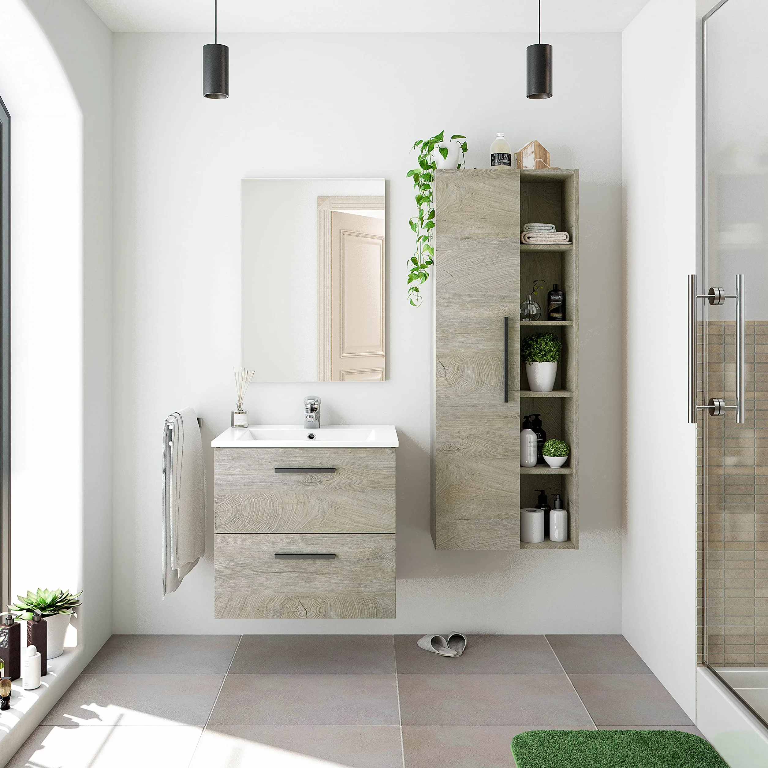 ARKITMOBEL - Mueble de Baño Suspendido 2 Cajones y Espejo, Módulo Lavabo, Color Roble Alaska, 60x57x45 cm - Modelo Aruba. (Lavabo no Incluido)