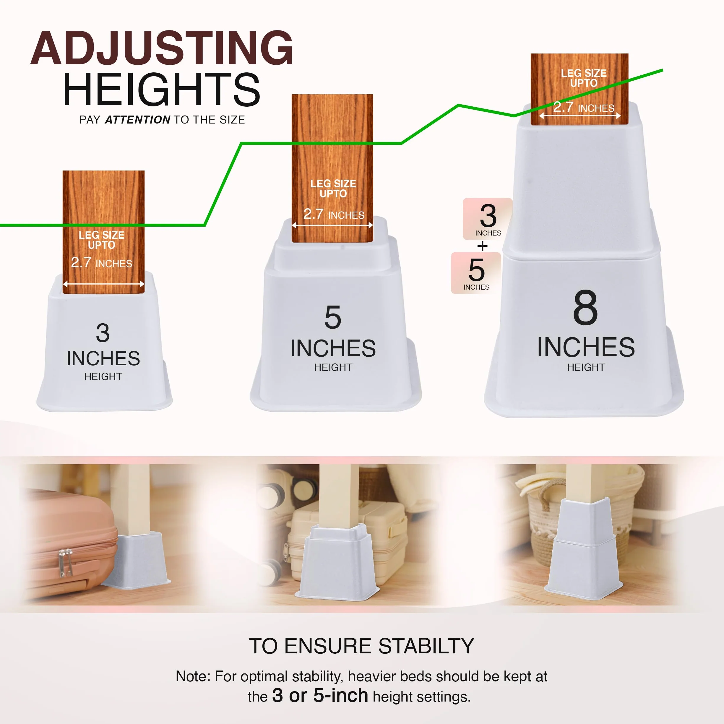 Utopia Bedding Elevadores Ajustables para Muebles de Cama (White, Pack de 8)