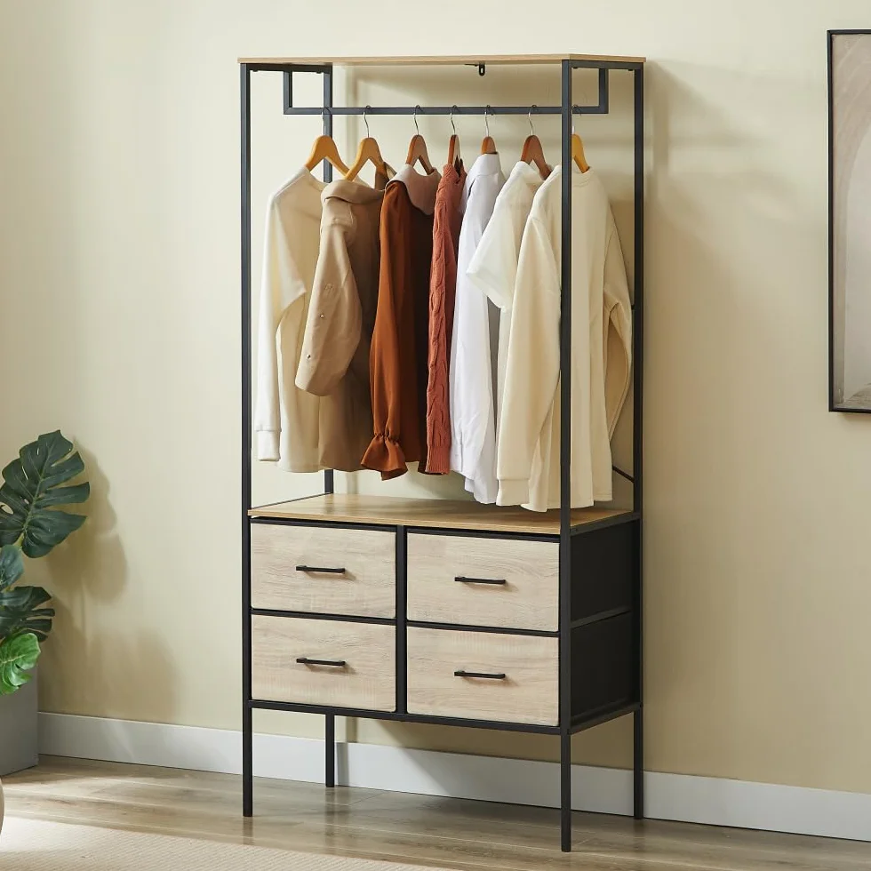 CASABEL Armario Abierto para Ropa 80×40×167 cm con 4 cajones de Tela rígida, cómoda compacta para Dormitorio o recibidor, Estructura de Metal Negro y Tablero de Madera