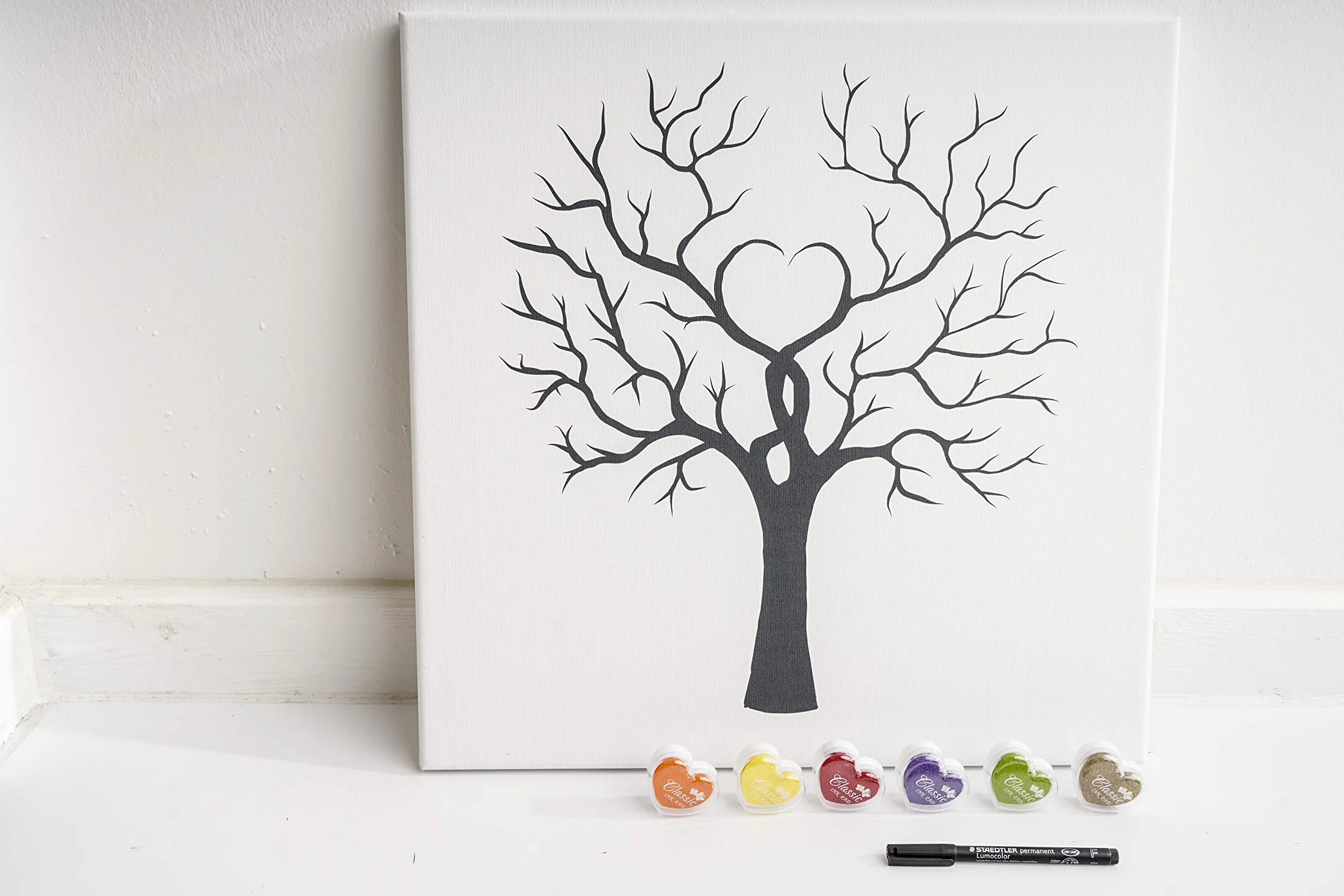 Lienzo para huellas dactilares, bricolaje, bodas, aniversarios, fiestas familiares, fiestas, cumpleaños como libro de visitas, incluye almohadilla de tinta y bolígrafo, diseño de árbol de