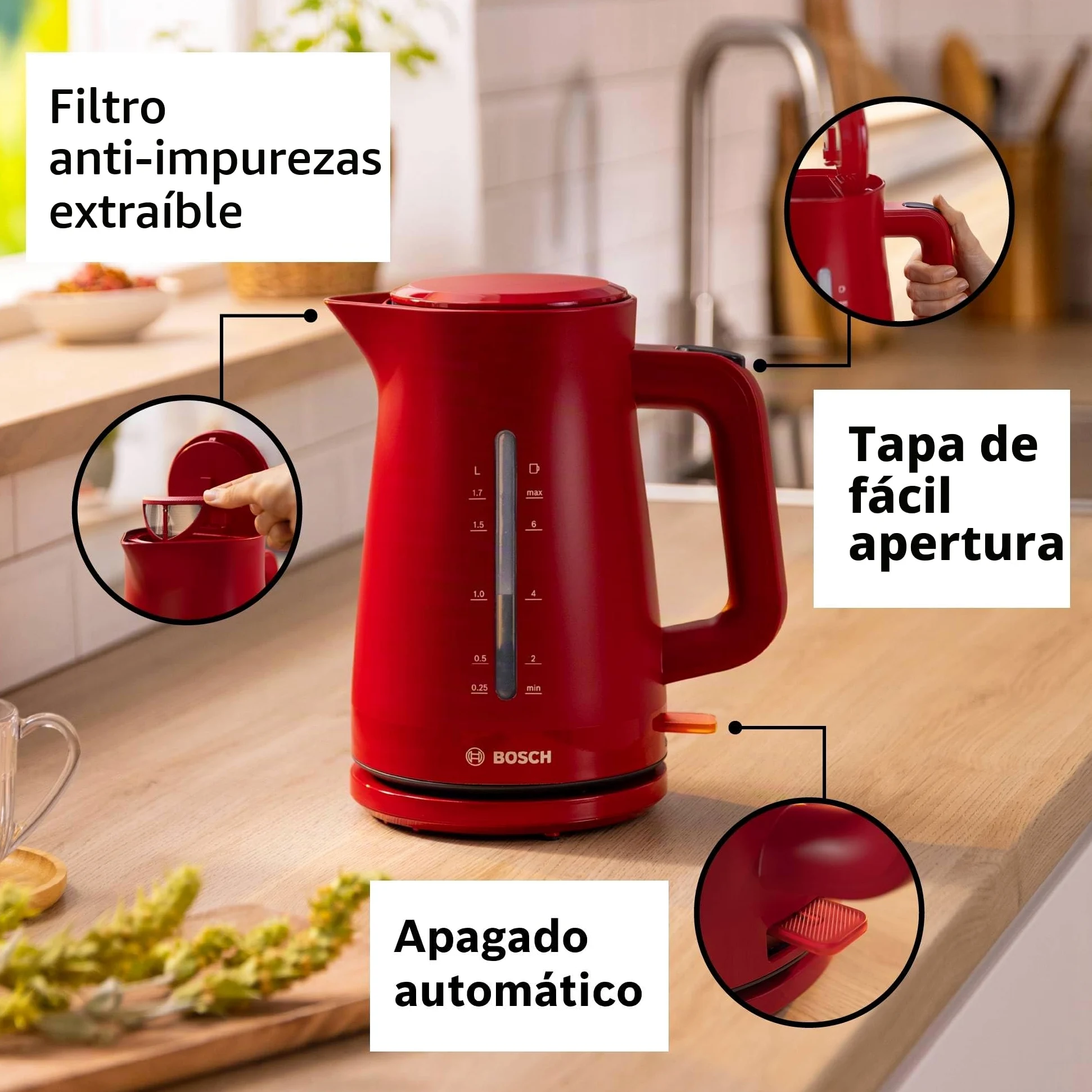 Bosch - hervidor eléctrico, MyMoment, manejo ergonómico, triple sistema de seguridad, filtro antical, capacidad de 1,7 l, rojo intenso, TWK3M124 | Hervidor, calentamiento rápido, filtro extraíble, indicador de nivel de agua, apagado automático, fácil de l