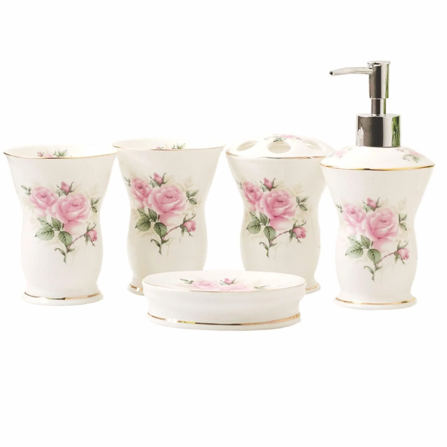 Bathroom Sets Juego de Accesorios baño 5 Piezas: dispensador jabón, Porta cepillos Dientes, Vaso, Plato. Decoración Coastal Decor(Pink)