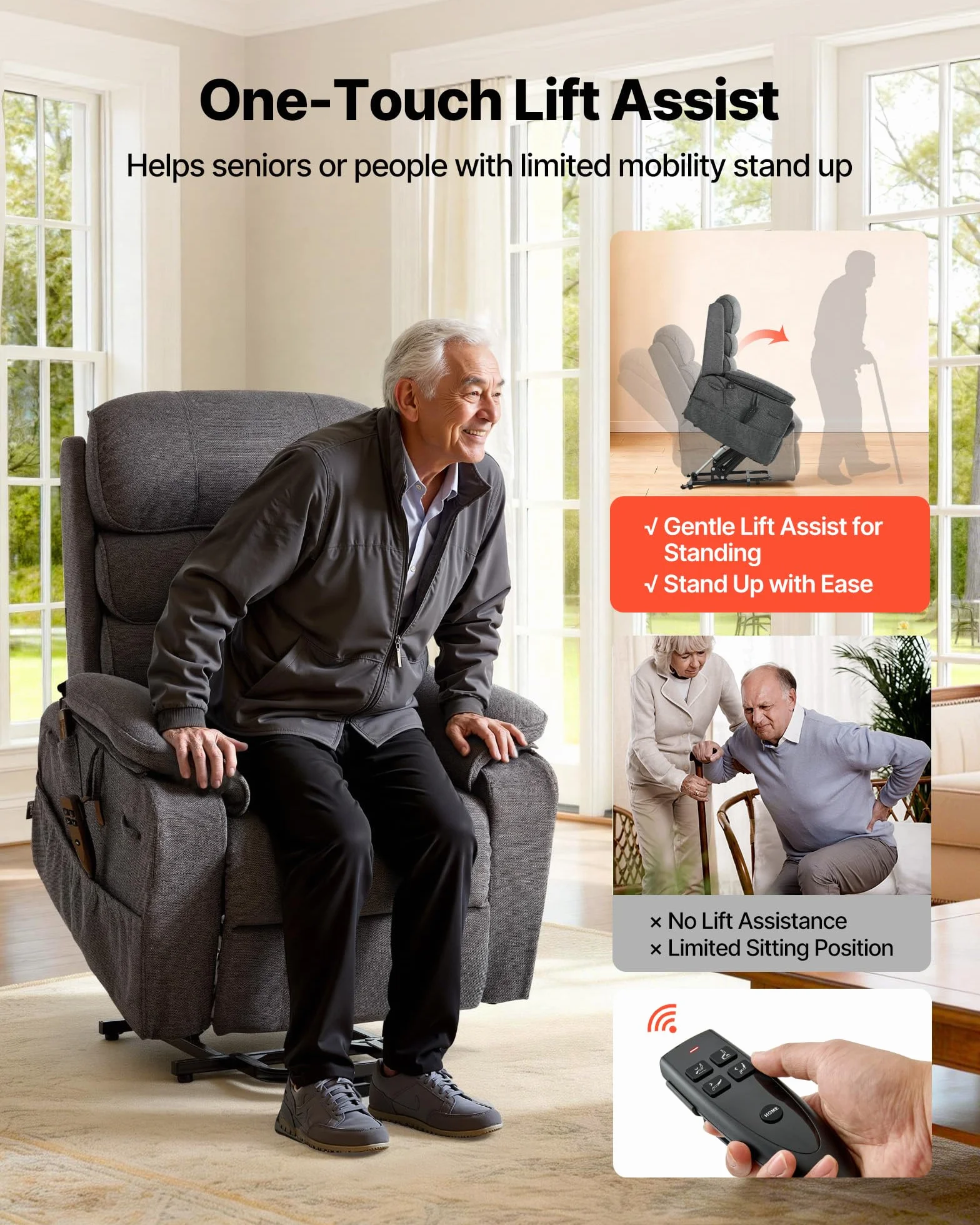 VEVOR Sillón Relax Reclinable Eléctrico, Sillón Reclinable Levantapersonas, con Reposapiés Calefacción Masaje Mando a Distancia Bolsillos Laterales, Tela Chenilla, para Salón Dormitorio, Gris Oscuro