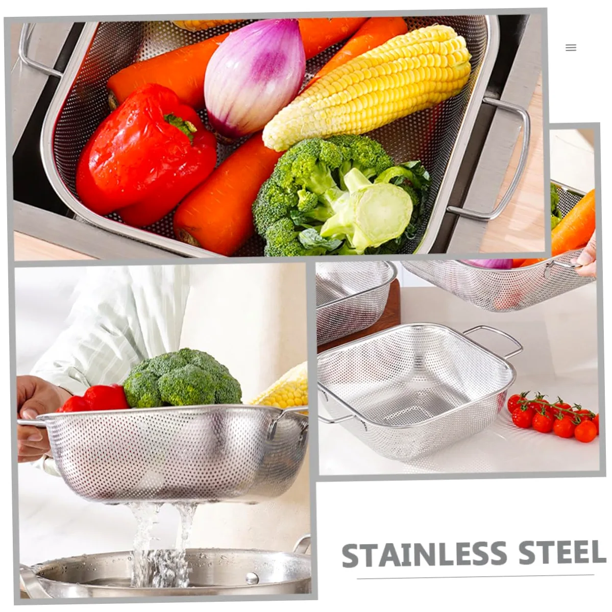 Colador de Acero Inoxidable con Asas Dobles, 1 Pieza, Plata | Gran Capacidad, Drenaje y Filtrado de Agua, Formato Cuadrado para Lavado de Frutas y Verduras