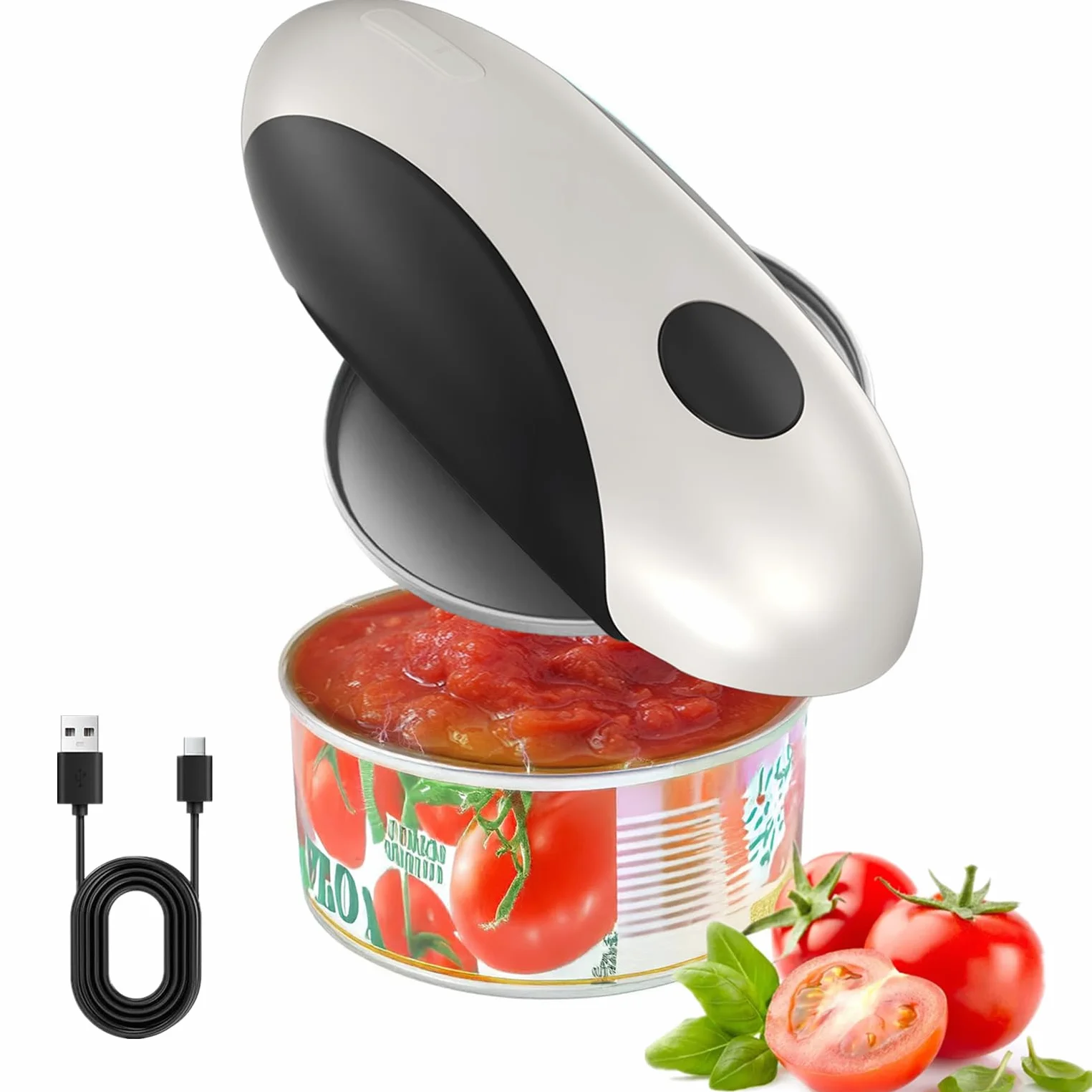 Abrelatas eléctrico, abridor de tarros eléctrico recargable por USB, dispositivo de cocina, funcionamiento automático de un solo toque, abrelatas a pilas con borde liso para personas mayores