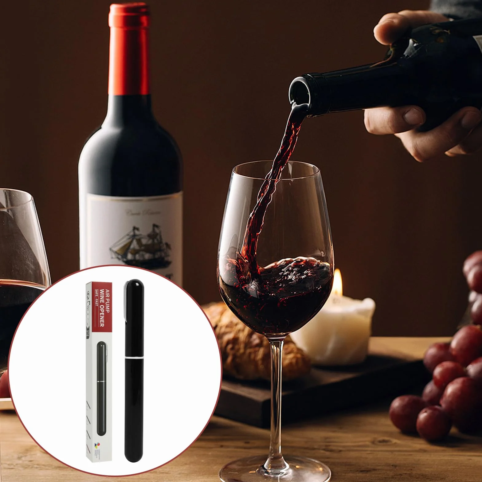 Abrelatas de vino de presión de aire 2 en 1 con cortador de papel de aluminio, Abridor de Botellas Portátil, Fácil de Usar, Ideal para Viajes y Regalo para Amantes del Vino