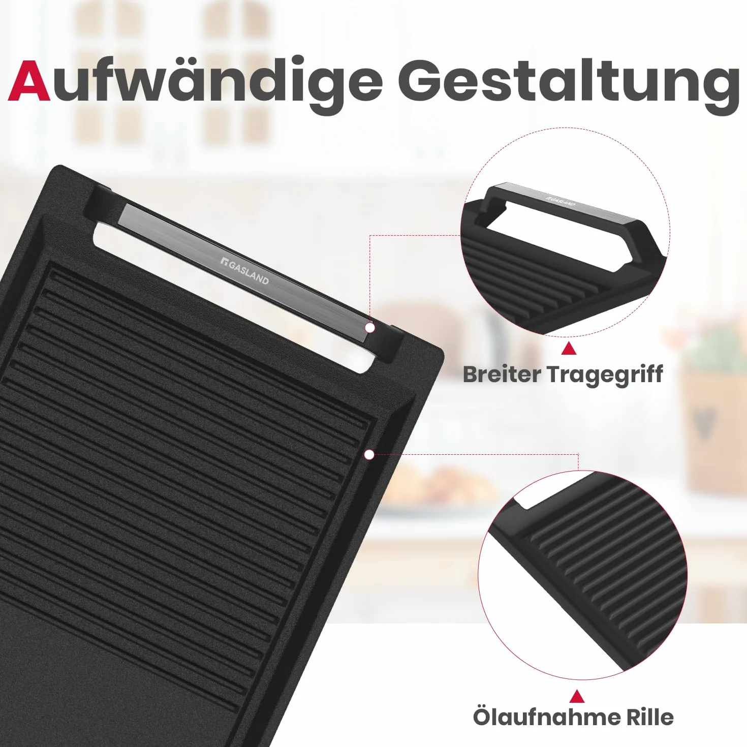 GASLAND IHGD-S23C Plancha para asar con asas laterales, Sartén para placas de inducción, Hierro fundido con revestimiento de teflón: Antiadherente y antioxidante, Accesorios, Bandeja para asar