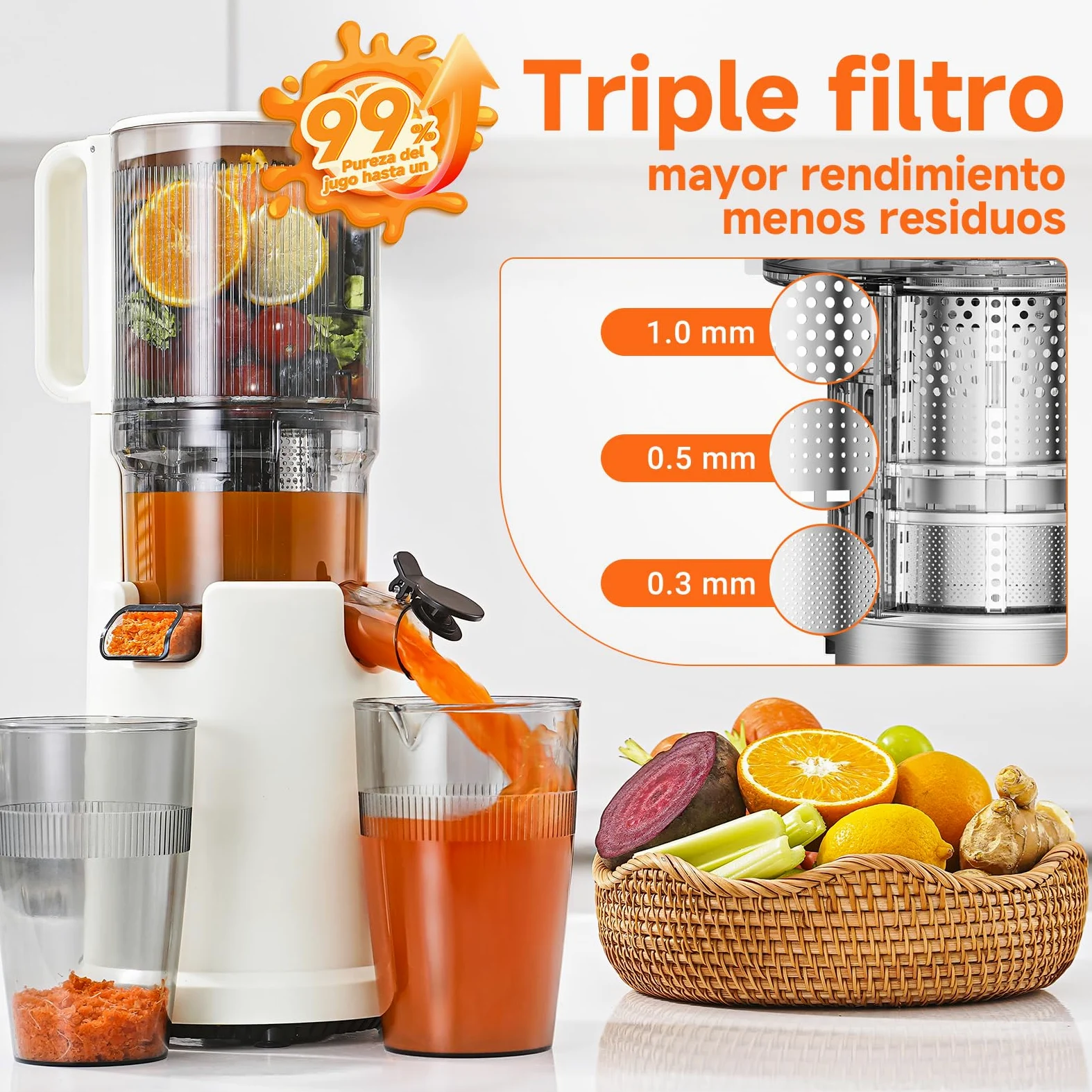 AOBOSI Extractor De Zumos Y Verduras – Boca XXL de 135 mm para Frutas y Verduras Enteras – 1.5 L, 200 W, Extractor de jugos Cold Press Slow Juicer Machine con Sinfín Mejorado