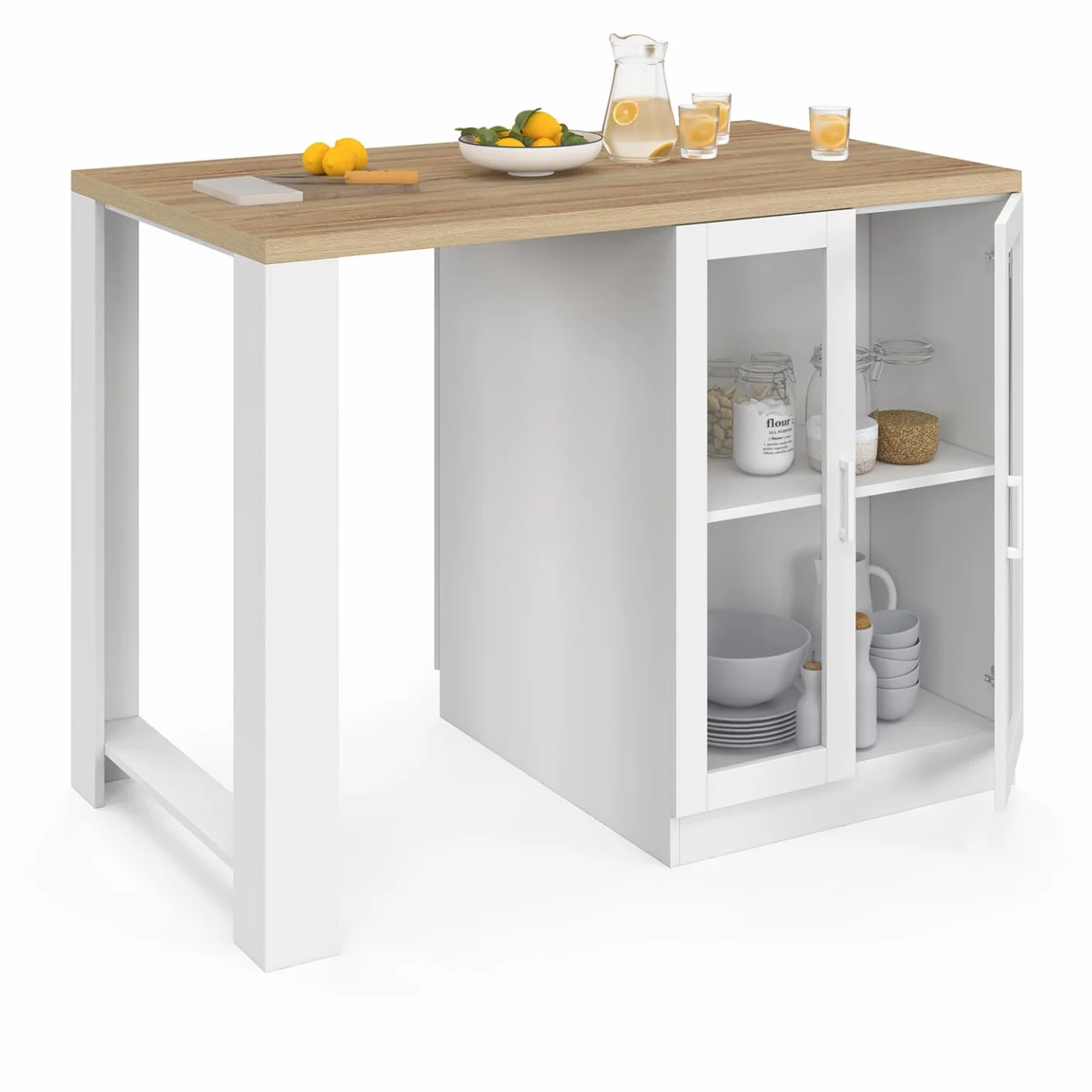 IDMarket – Ilot Central Lino 120 cm 2 personas madera blanca y encimera de madera y puertas acristaladas