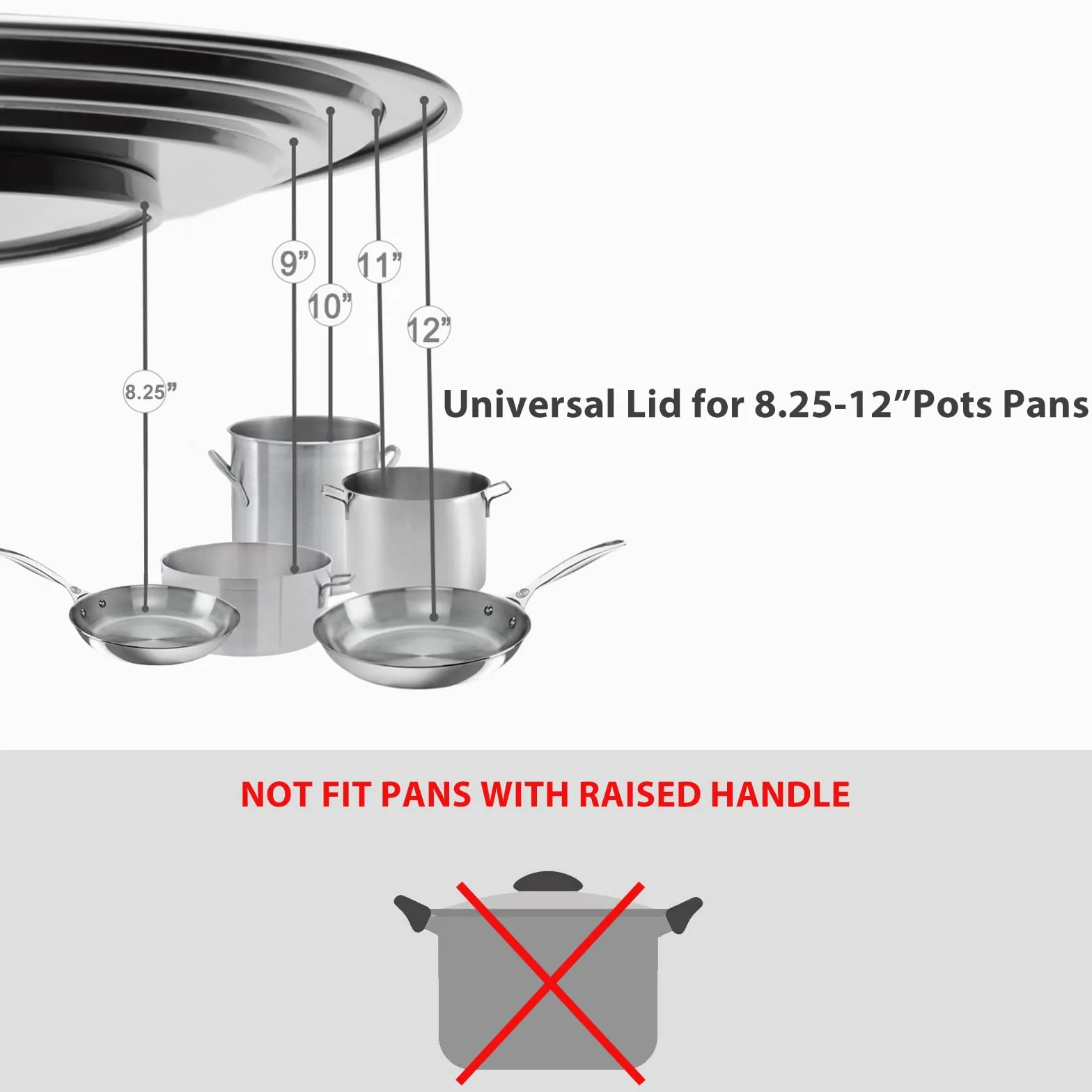 Tapa Universal Para 21 – 31 cm Sartenes, Ollas, Cacerolas y Woks, Tapa de Cristal con Borde de Acero Inoxidable, Cubierta Universal de Ollas con Mango de Silicona Resistente al Calor, Negra