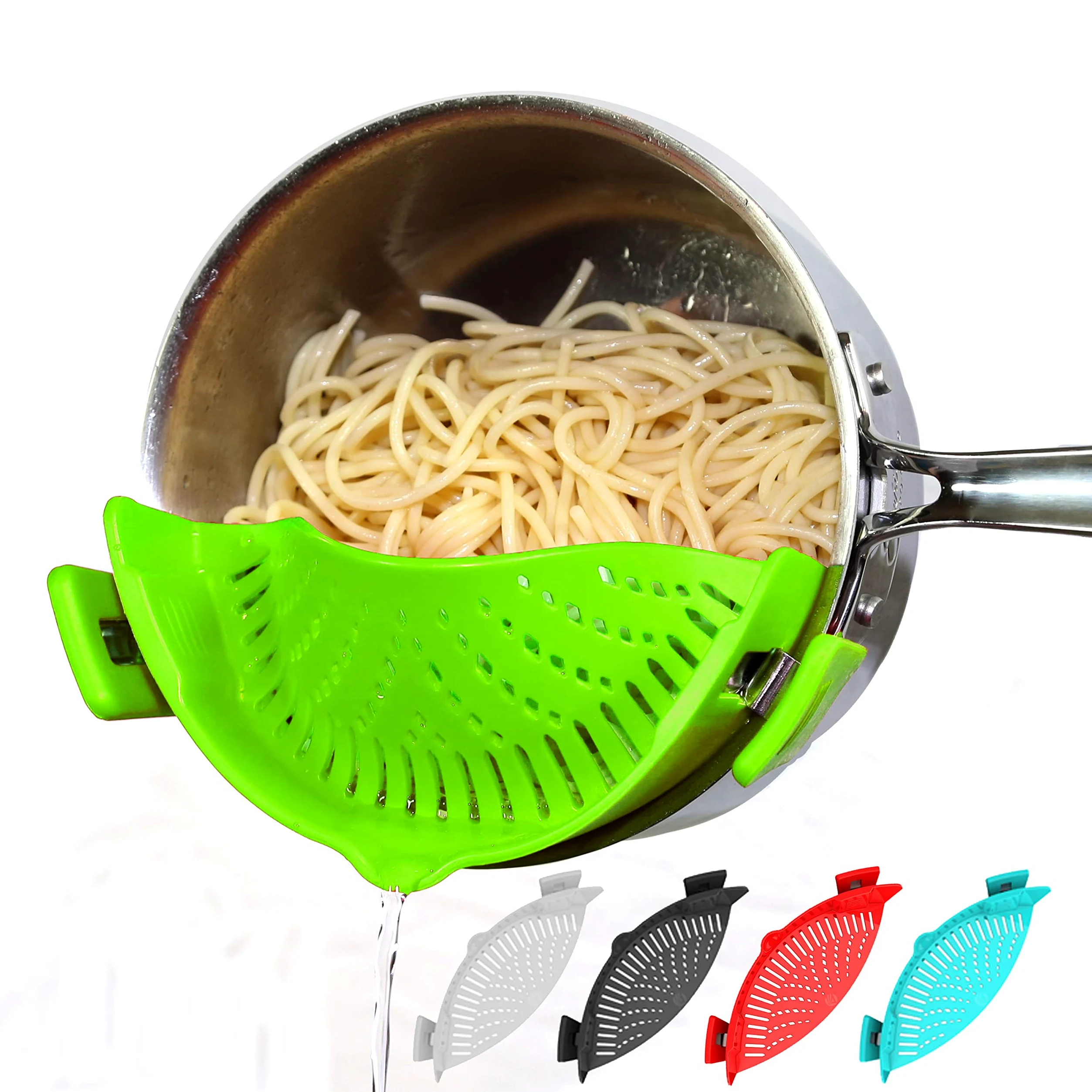 Colador de pasta de silicona con clip, ajuste universal para todas las ollas y cuencos, escurridor a presión para pasta, carne, verduras, frutas, colador de silicona para cocina, drenaje fácil de