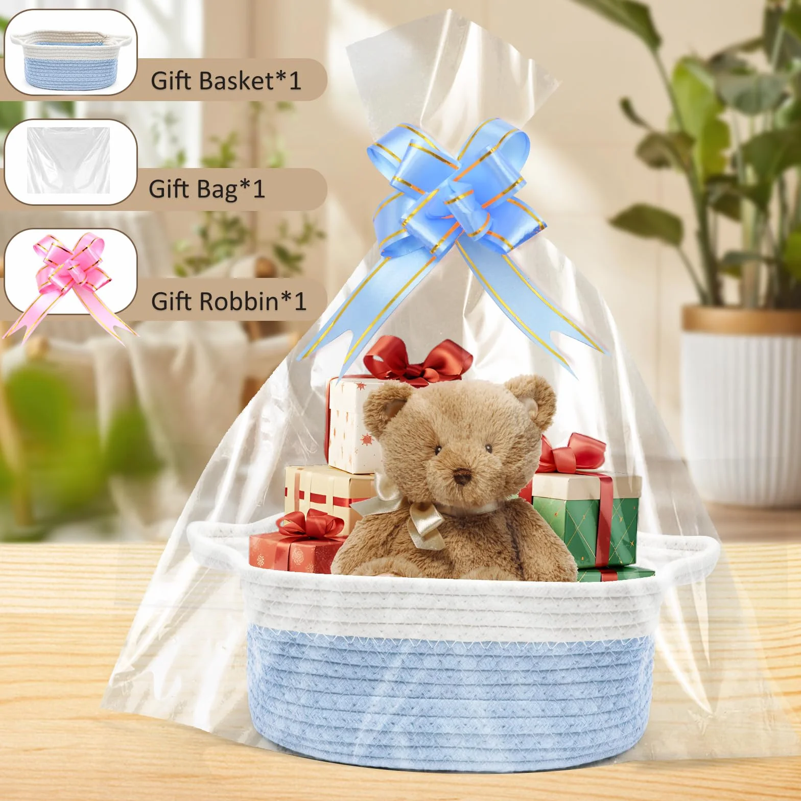 Cesta de regalo vacía 30x20x12 cm trenzada con bolsas y cintas para Navidad cumpleaños boda almacenamiento decorativa Azul