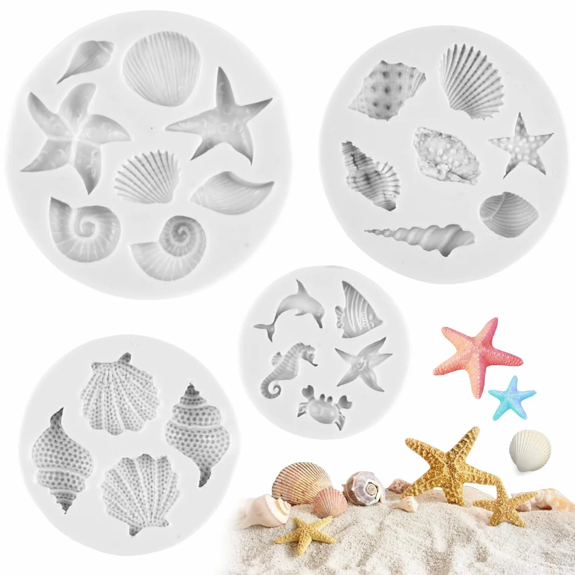 4 piezas Marina Animales Moldes Silicona,Moldes de Fondant para Tartas con Temática Marina,Molde de Silicona para Fondant con Tema Marino,3D Molde Conchas del Mar Marina Animales Moldes,para Gelatina